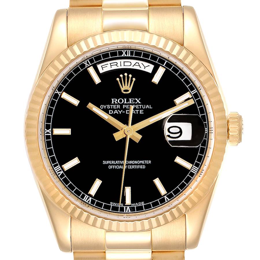 Rolex President Day-Date Black Dial Yellow Gold Watch 118238 Box Papers SwissWatchExpo