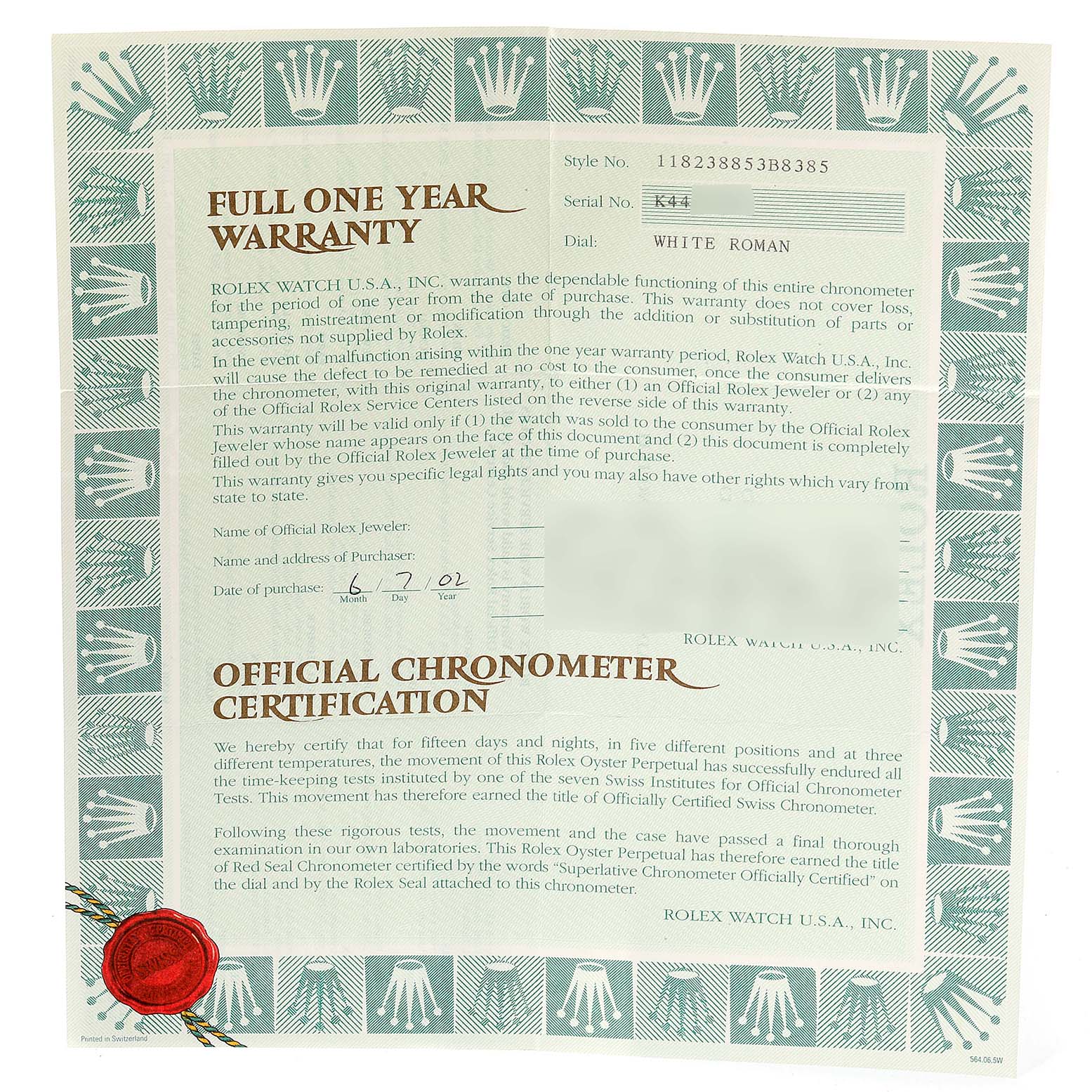 The image shows the warranty card and chronometer certification for a Rolex President 118238 Men
s Yellow Gold Black Dial 118238 Men
s Yellow Gold Black Dial model watch.