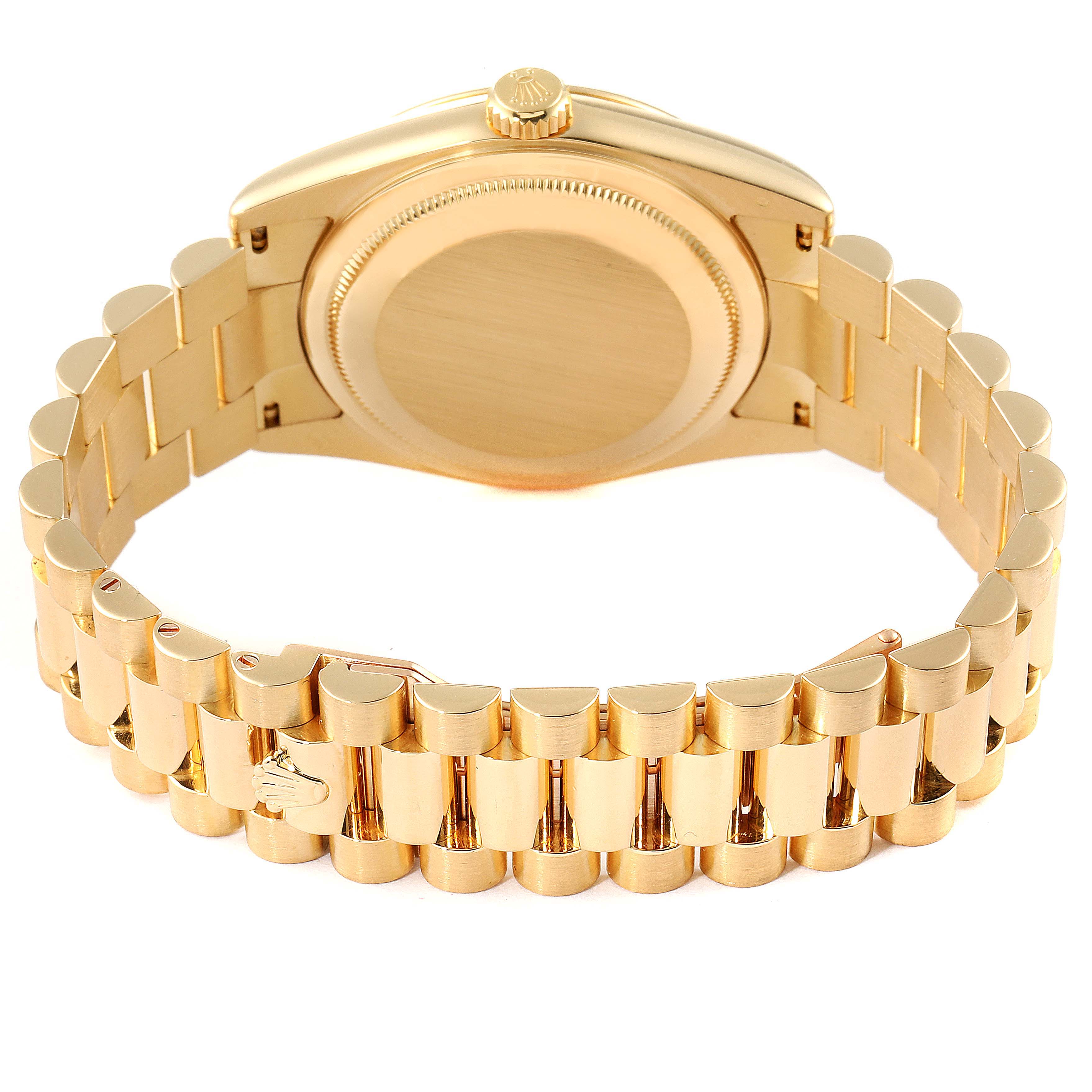 This image shows the back case and bracelet of a Rolex President 118238 Men
s Yellow Gold Black Dial 118238 Men
s Yellow Gold Black Dial model watch.