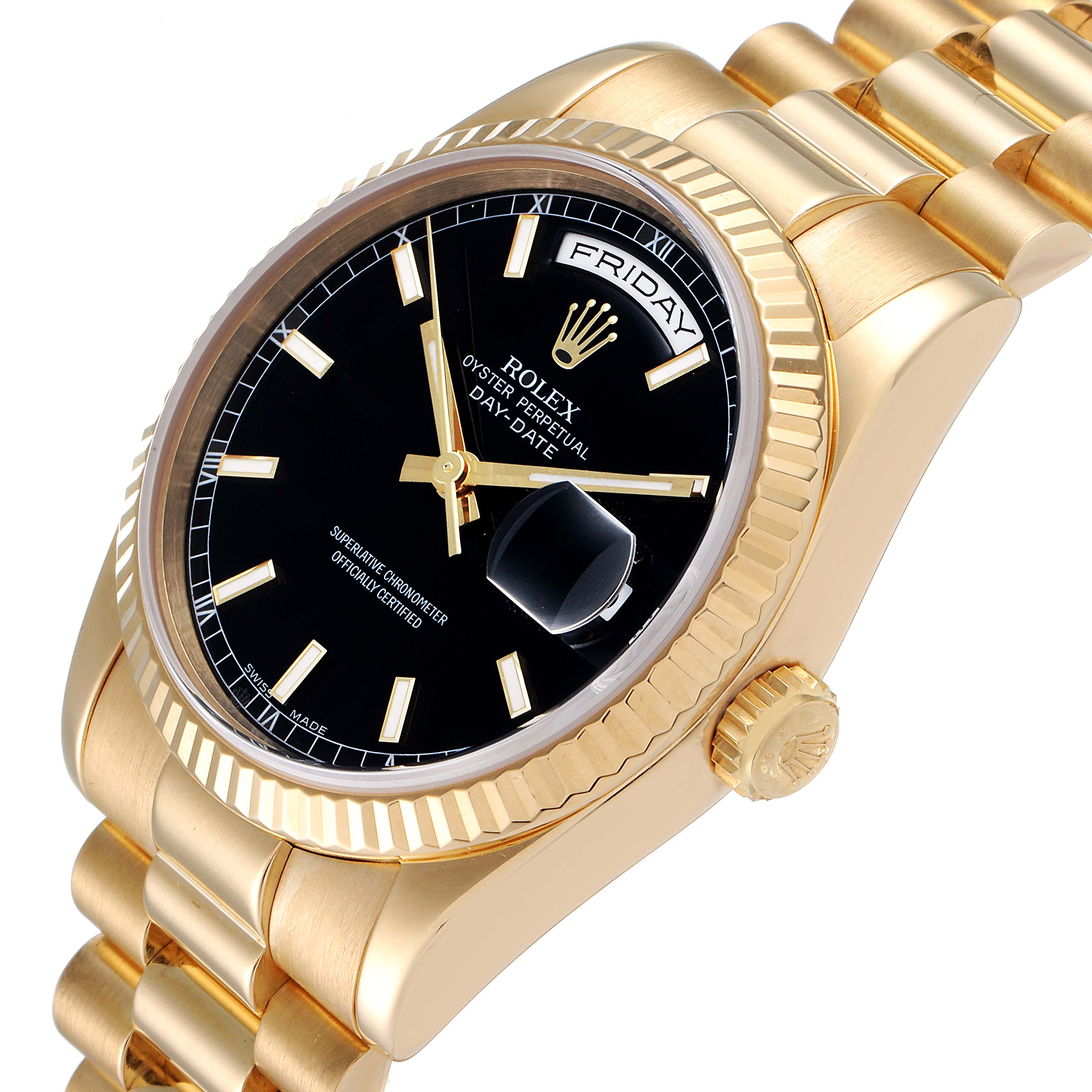 This Rolex President 118238 Men
s Yellow Gold Black Dial 118238 Men
s Yellow Gold Black Dial model watch is viewed at a slightly angled side perspective showing the bezel, crown, bracelet, and face with a day display.