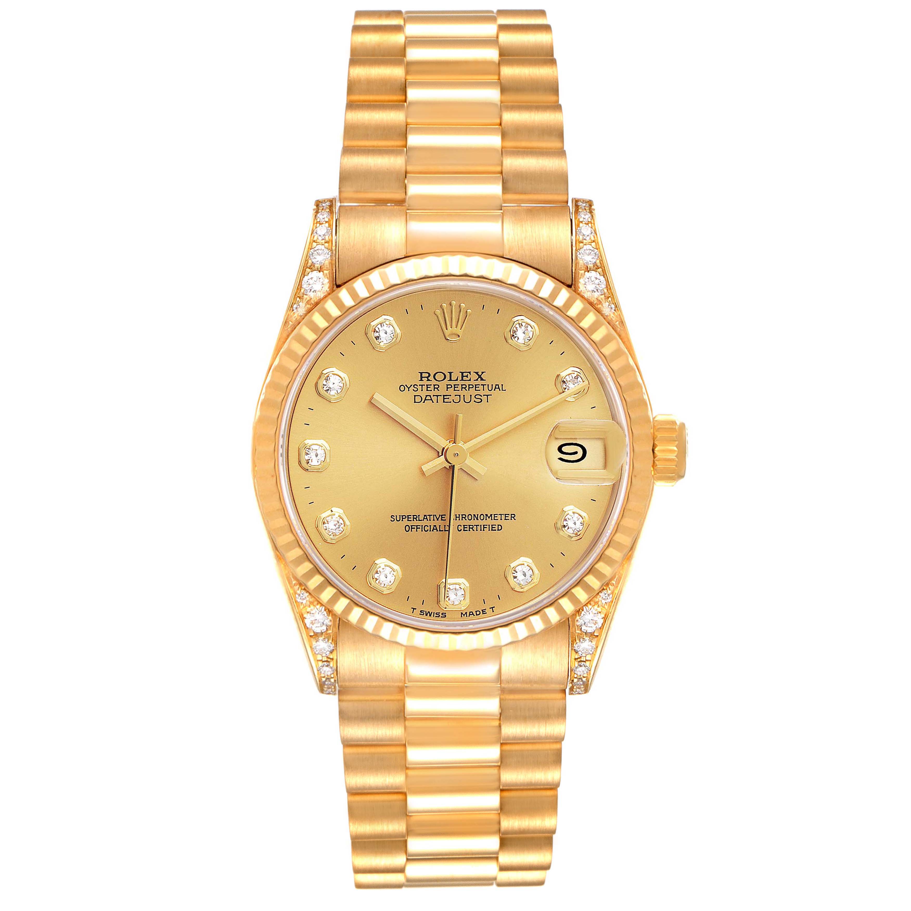 The image shows a Rolex President 68238 Women's Yellow Gold Champagne Dial 68238 Women's Yellow Gold Champagne Dial model watch, featuring a gold bracelet, diamond hour markers, and a date display.