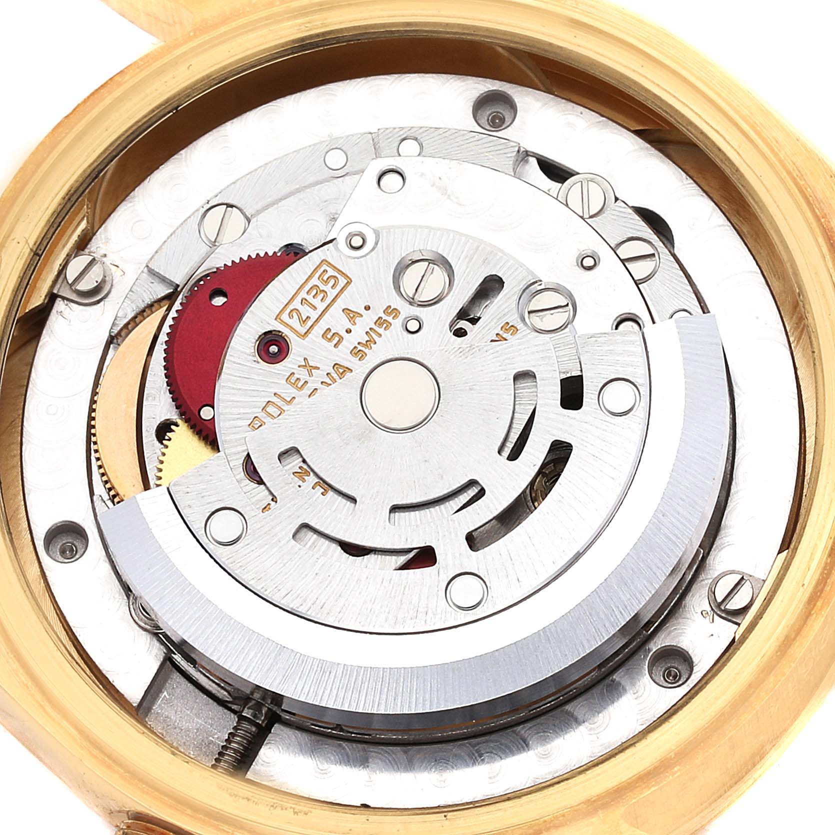 The image shows the internal mechanism of a Rolex President 68238 Women's Yellow Gold Champagne Dial 68238 Women's Yellow Gold Champagne Dial model watch at close-up from a back angle.