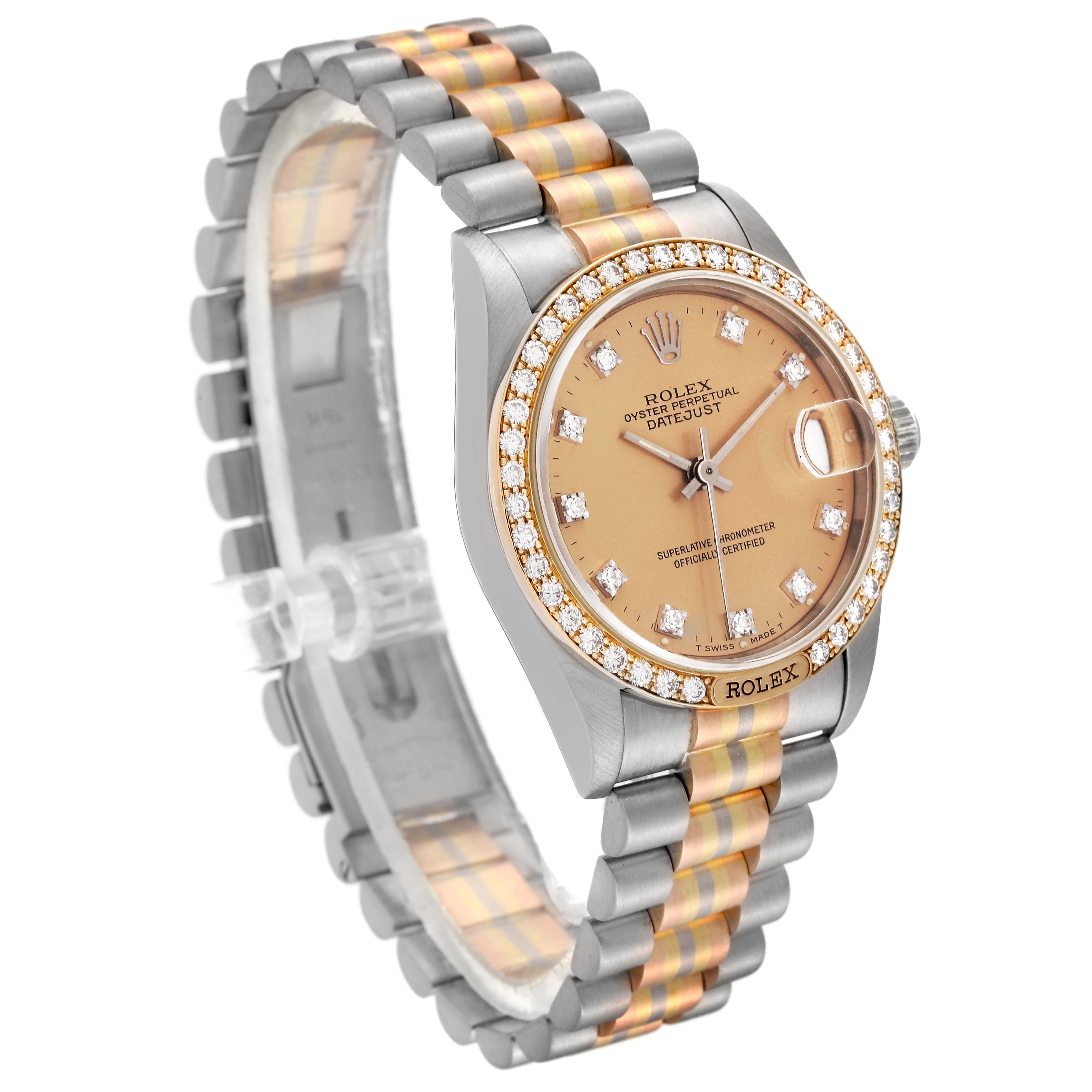The Rolex President 68149 Women's White Gold Champagne Dial 68149 Women's White Gold Champagne Dial model watch is shown at a three-quarter angle, highlighting the face, bezel, and bracelet.