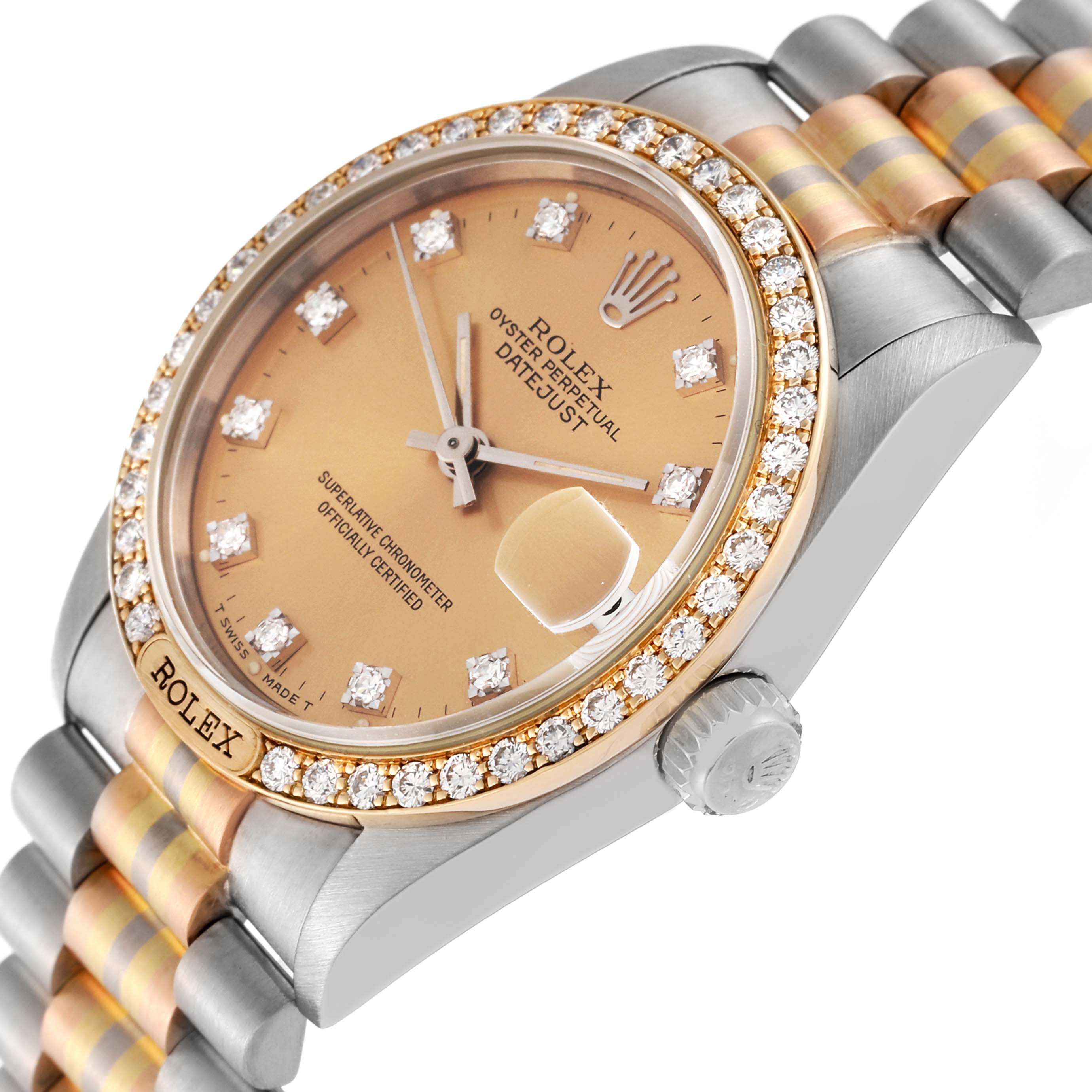 The Rolex President 68149 Women's White Gold Champagne Dial 68149 Women's White Gold Champagne Dial model is shown at a three-quarter angle highlighting the diamond-encrusted bezel, dial, and bracelet.
