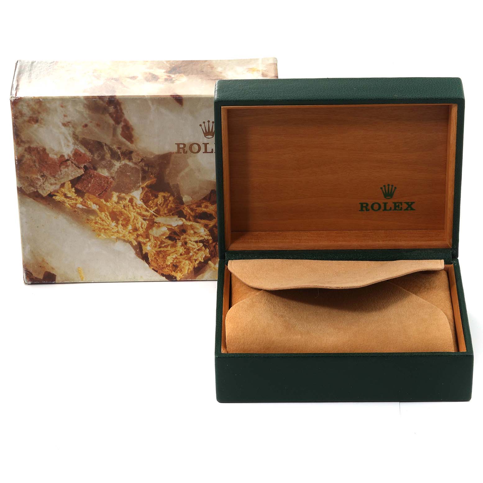The image shows the open packaging and box for a Rolex President 68149 Women's White Gold Champagne Dial 68149 Women's White Gold Champagne Dial model watch, highlighting the outer and inner box.