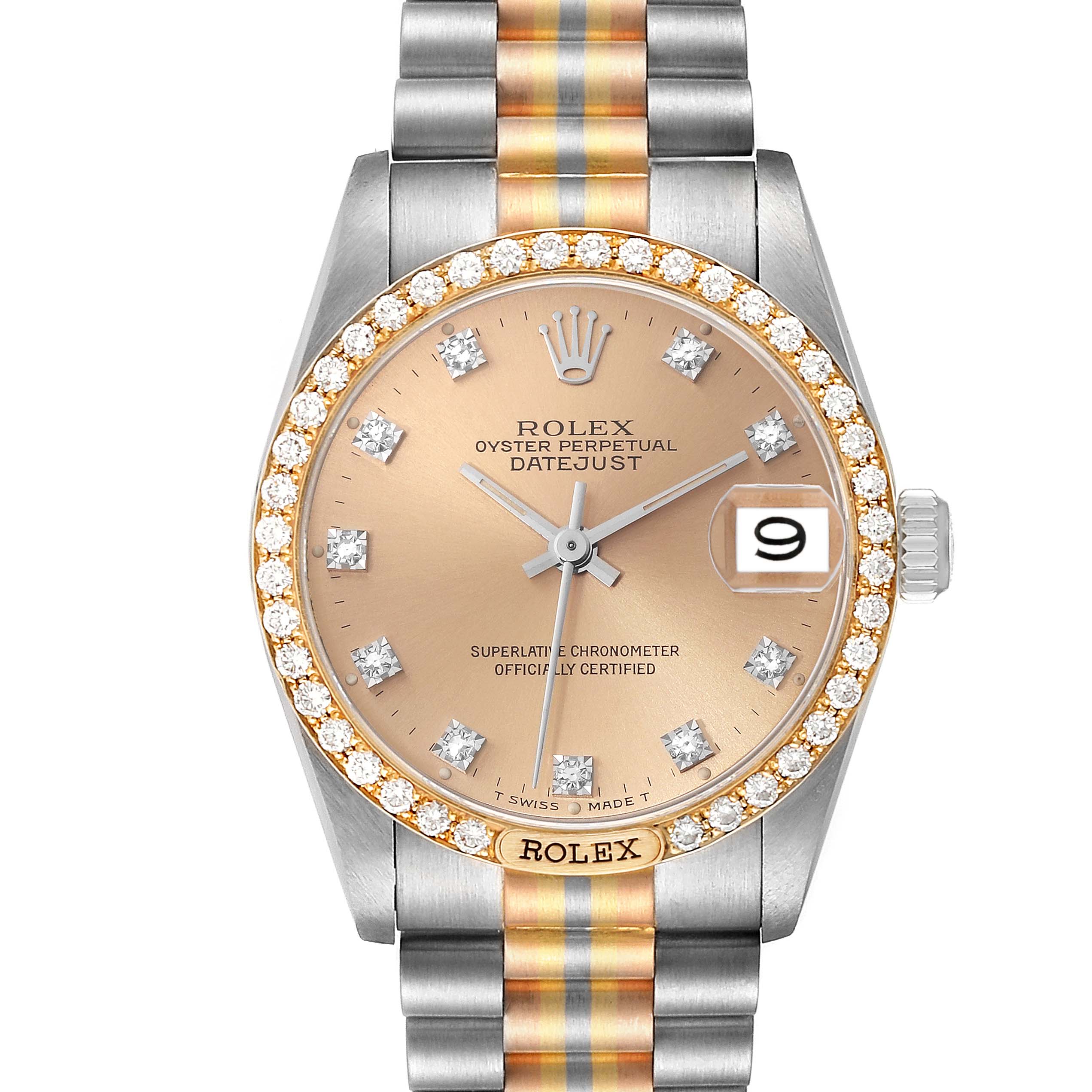 The Rolex President 68149 Women's White Gold Champagne Dial 68149 Women's White Gold Champagne Dial model is shown from the front, displaying the dial, diamond bezel, bracelet, and date window.