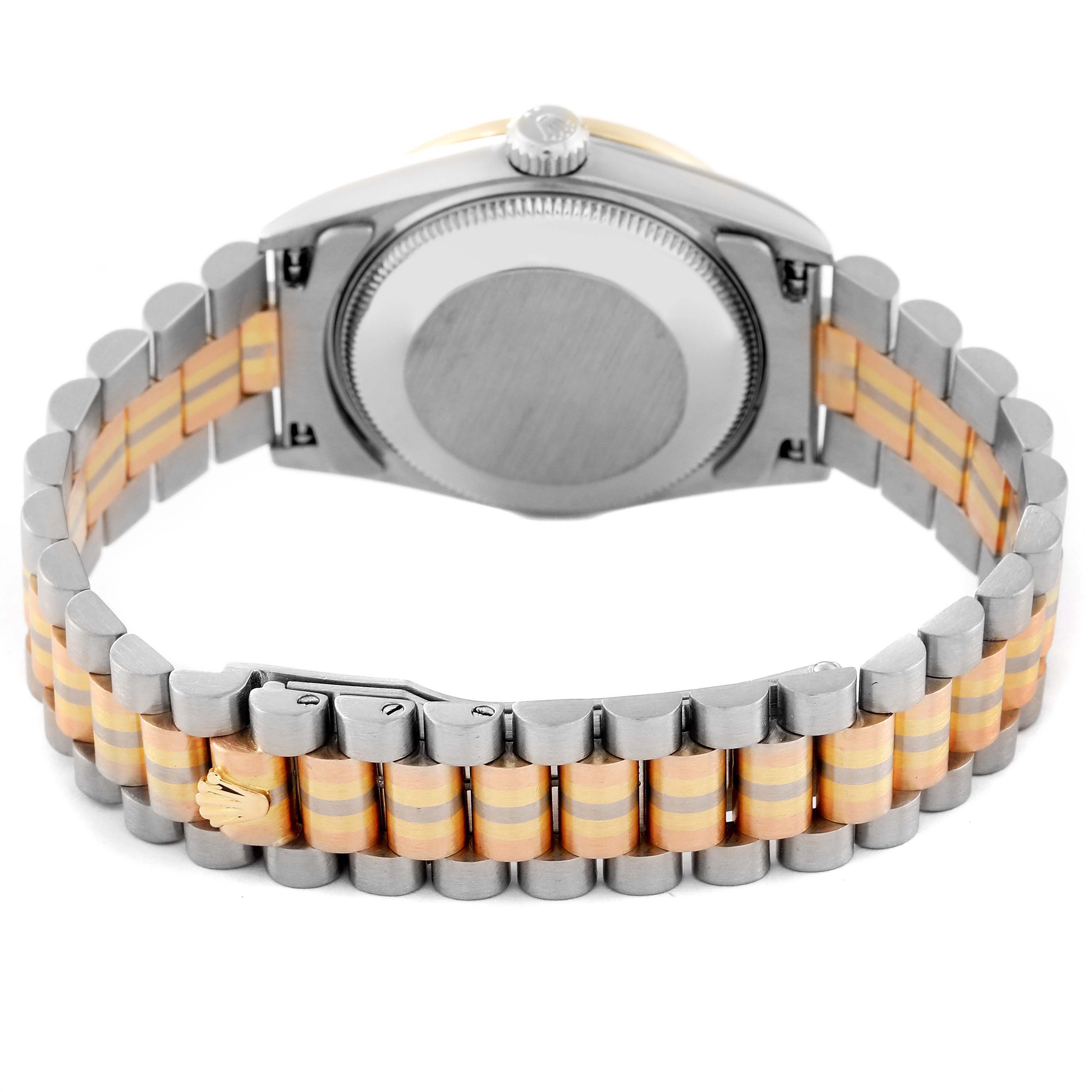 The Rolex President 68149 Women's White Gold Champagne Dial 68149 Women's White Gold Champagne Dial model is shown from the back, displaying the case back and the bracelet with a clasp.