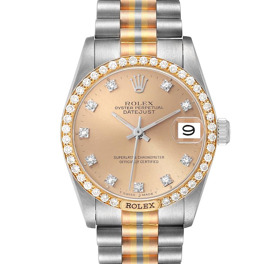 The image shows a close-up of the Rolex President model watch, highlighting the dial, bezel, bracelet, and date window. 