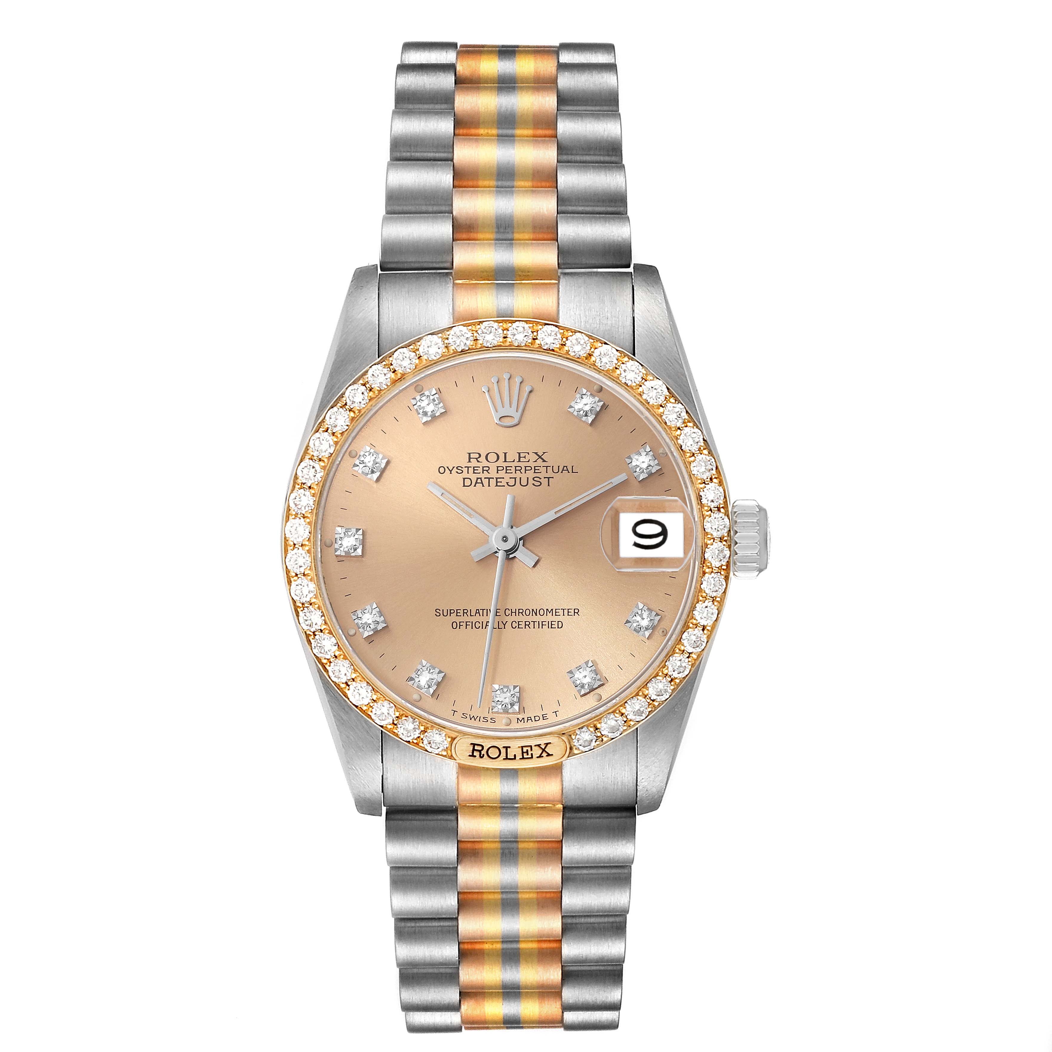 The Rolex President 68149 Women's White Gold Champagne Dial 68149 Women's White Gold Champagne Dial model is shown from a top-down angle, displaying its face, bezel, and bracelet.