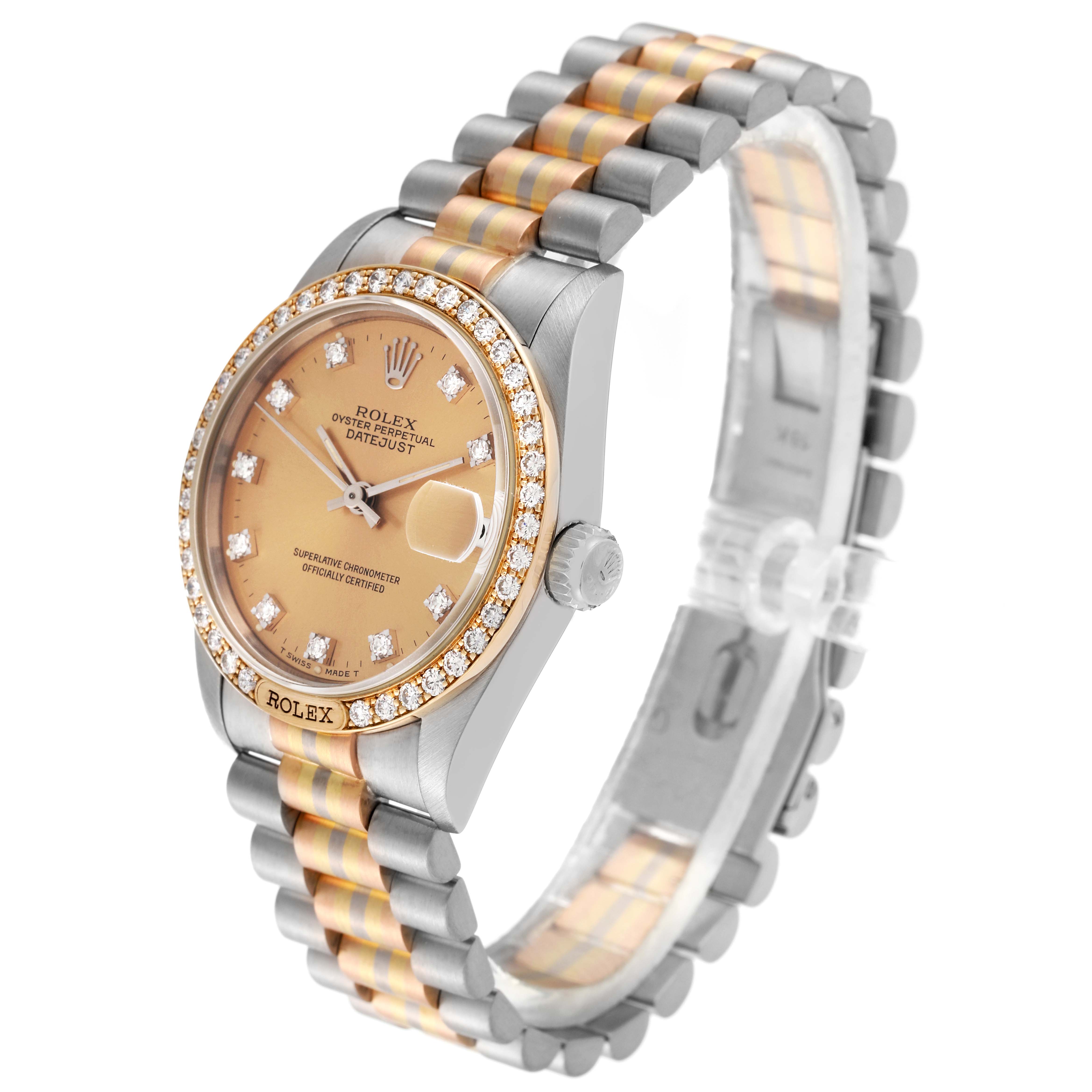 The Rolex President 68149 Women's White Gold Champagne Dial 68149 Women's White Gold Champagne Dial model watch is shown at a three-quarter angle, highlighting the dial, bezel, bracelet, and crown.