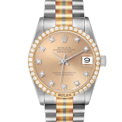 The image shows a frontal view of the Rolex President Datejust watch, highlighting its gold bezel with diamonds, champagne dial, and two-tone bracelet.