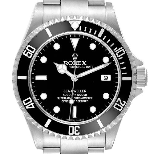 The image shows a front view of the Rolex Sea-Dweller watch, highlighting the dial, bezel, and bracelet.