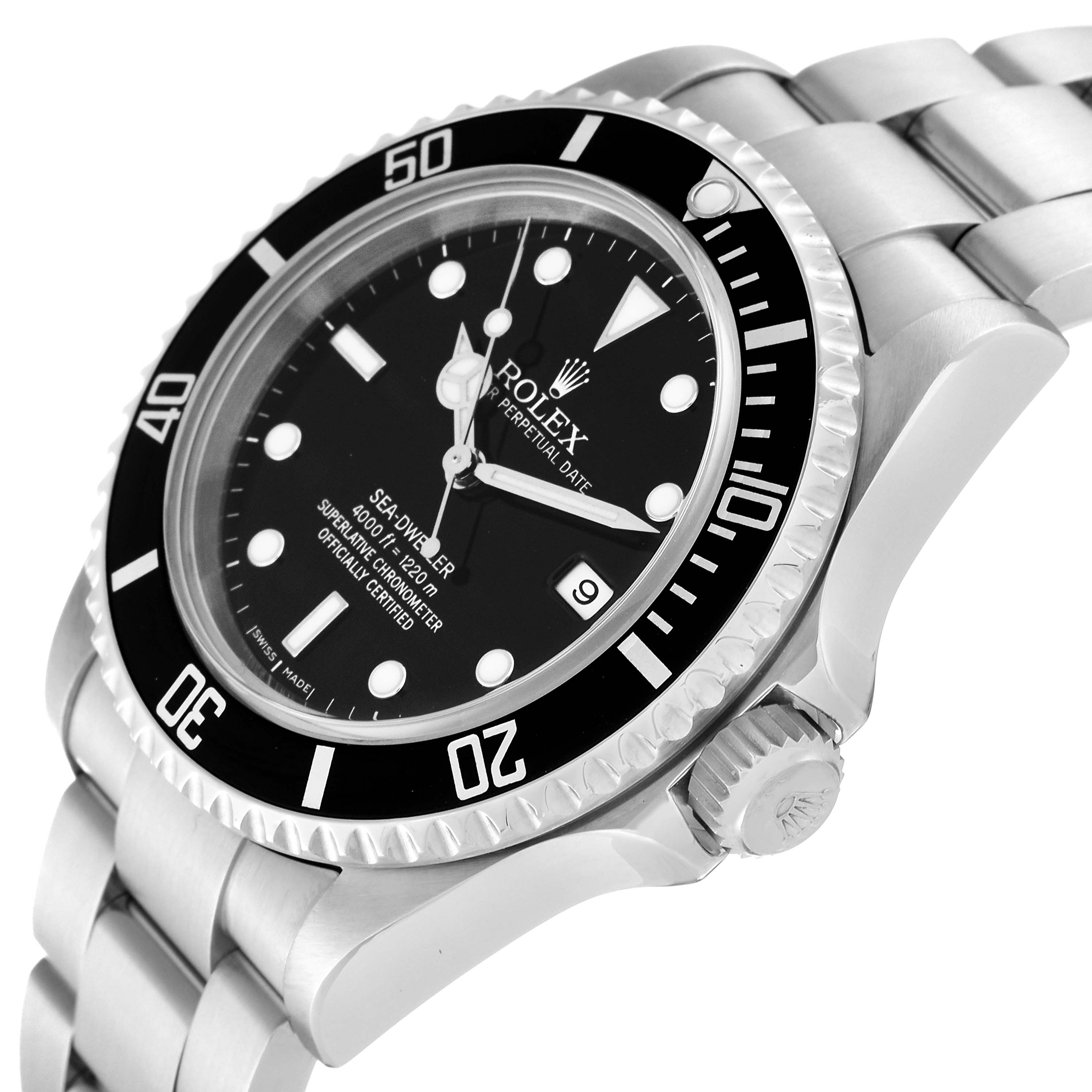 This image shows a Rolex Sea-Dweller 16600 Men's Stainless Steel Black Dial 16600 Men's Stainless Steel Black Dial watch, captured at an angle highlighting its dial, bezel, crown, and bracelet.