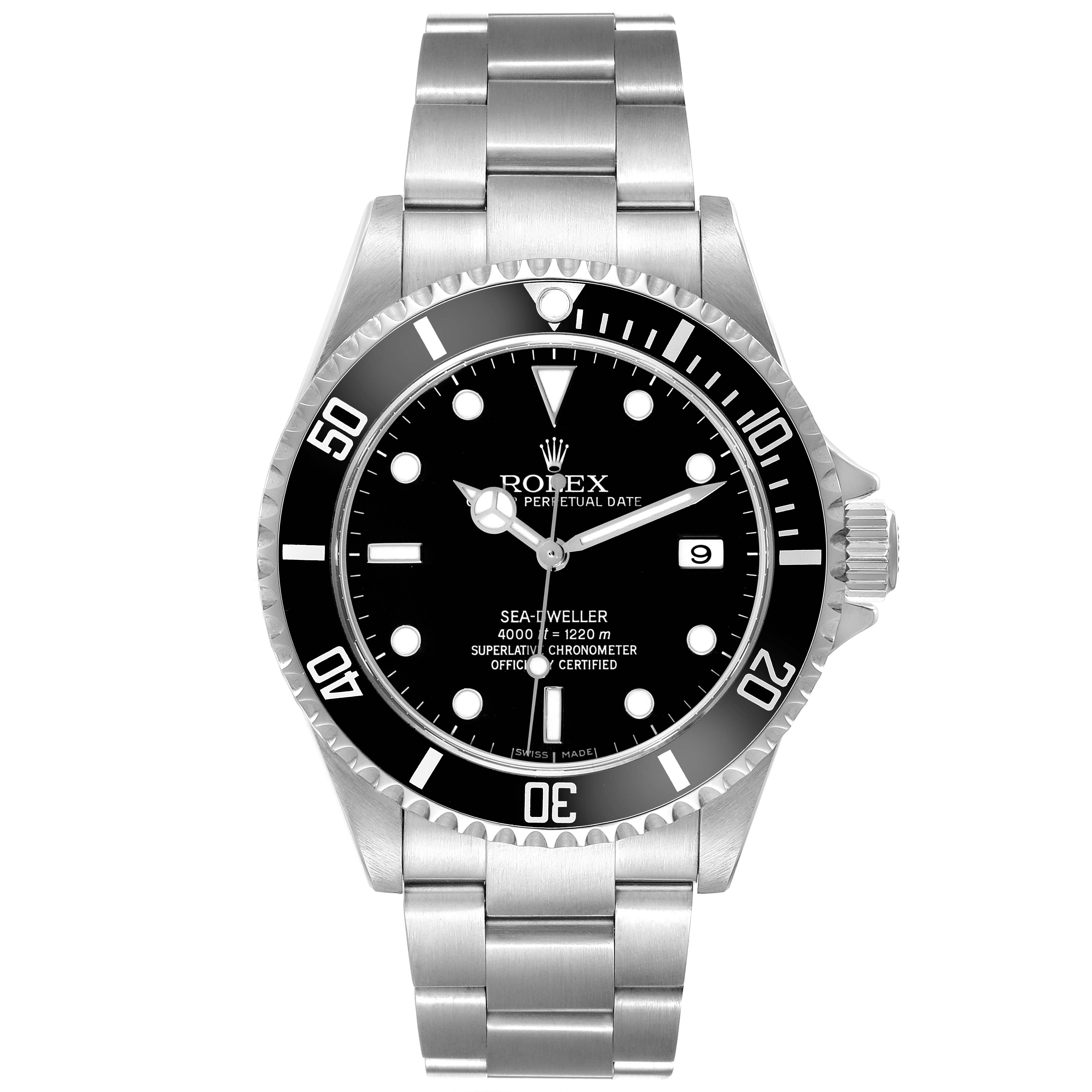 This image shows a front view of a Rolex Sea-Dweller 16600 Men's Stainless Steel Black Dial 16600 Men's Stainless Steel Black Dial watch, displaying its bezel, dial, hands, and bracelet.
