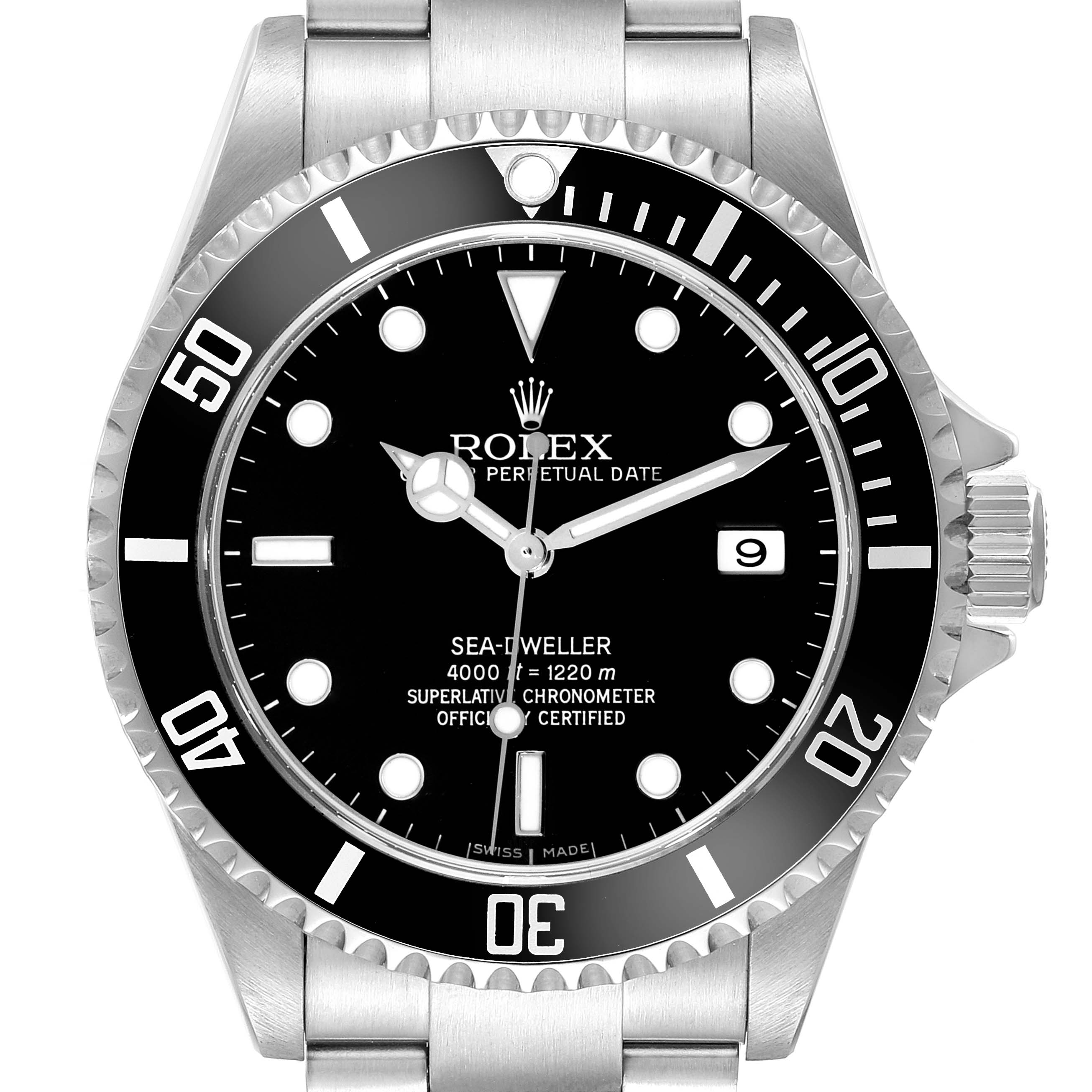 This image shows a frontal view of the dial and bezel of a Rolex Sea-Dweller 16600 Men's Stainless Steel Black Dial 16600 Men's Stainless Steel Black Dial watch.