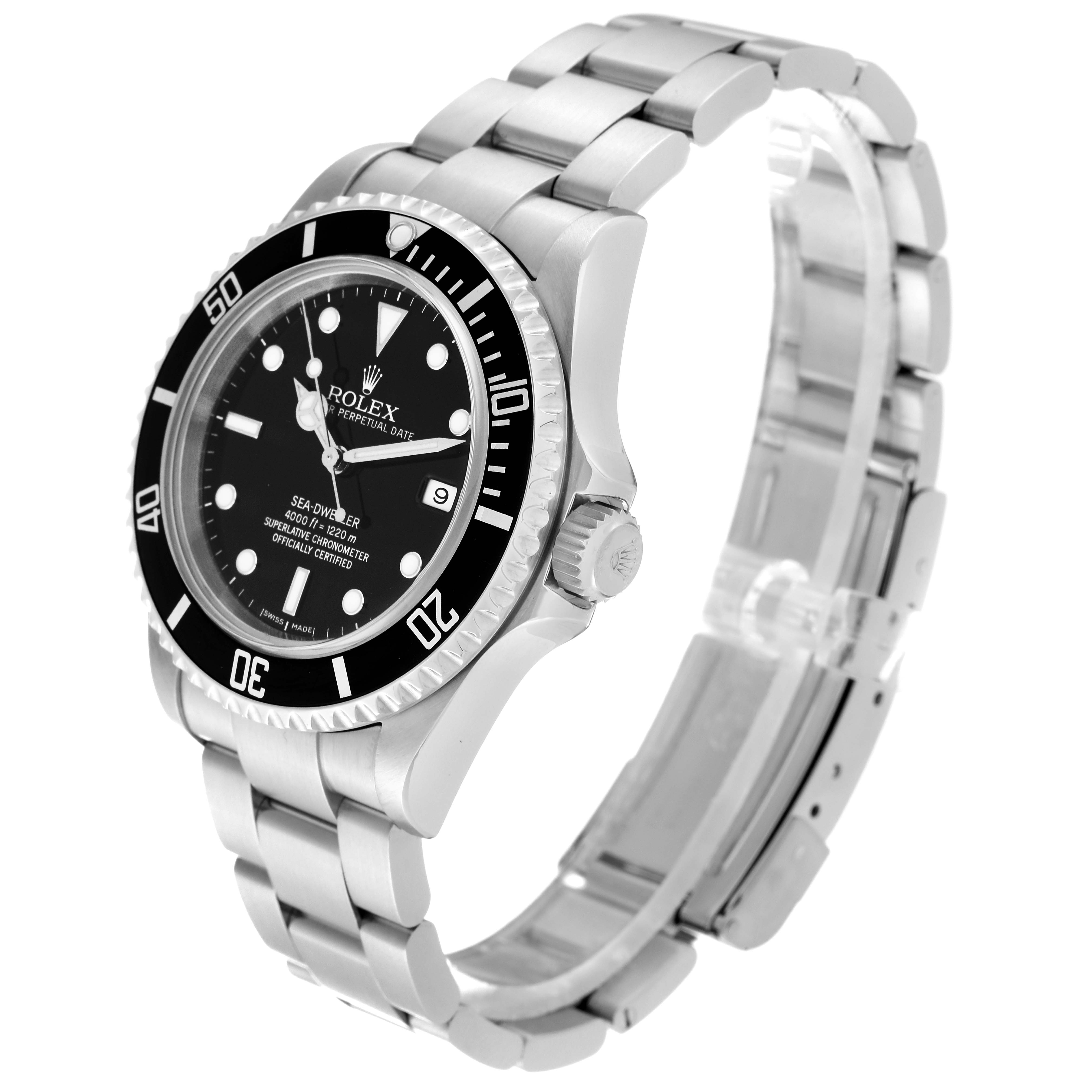 The Rolex Sea-Dweller 16600 Men's Stainless Steel Black Dial 16600 Men's Stainless Steel Black Dial watch is shown at an oblique angle, highlighting the dial, bezel, case, and bracelet.