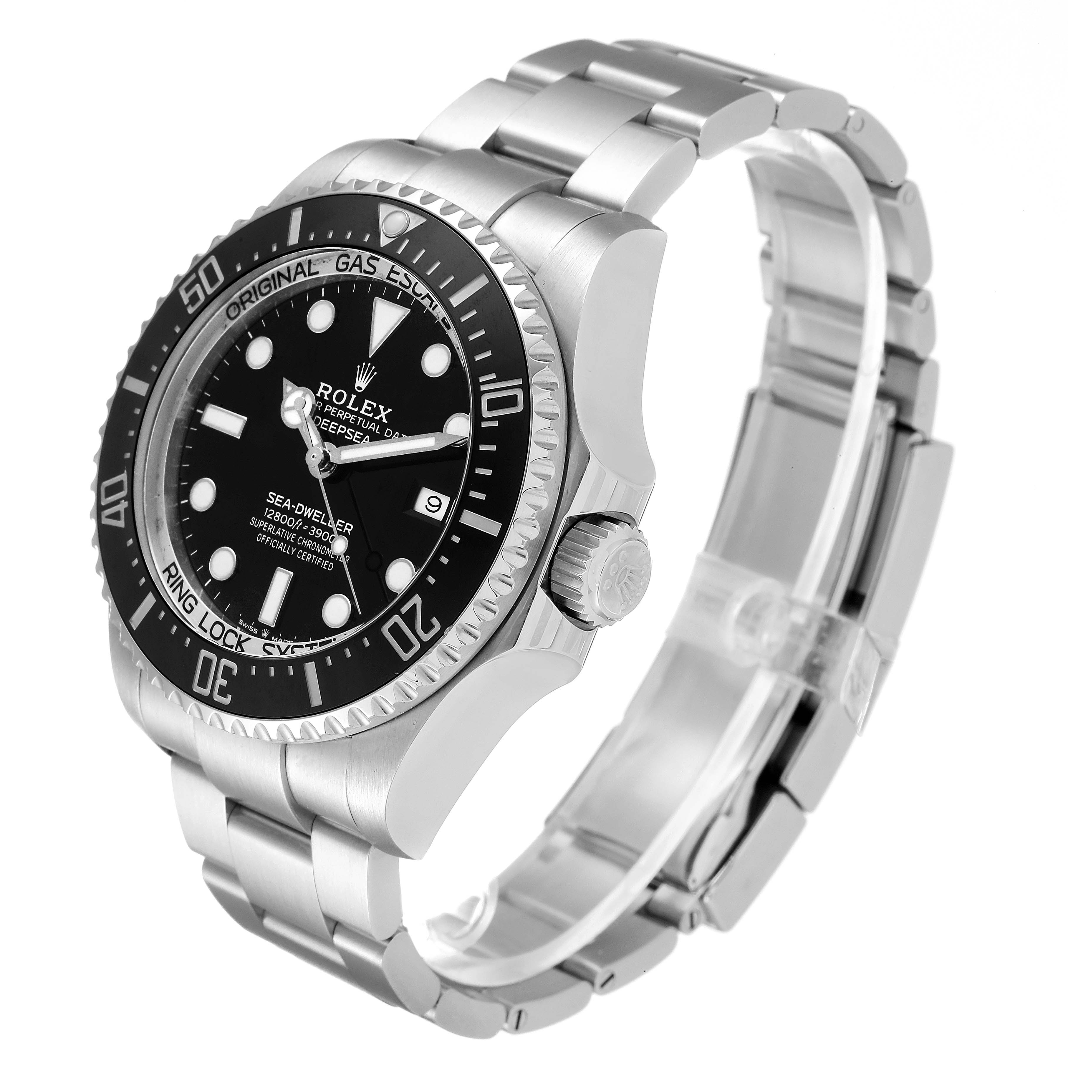 The image shows a Rolex Sea-Dweller 126660 Men
s Stainless Steel Black Dial 126660 Men
s Stainless Steel Black Dial watch from a side-angle, highlighting the dial, bezel, crown, and bracelet.