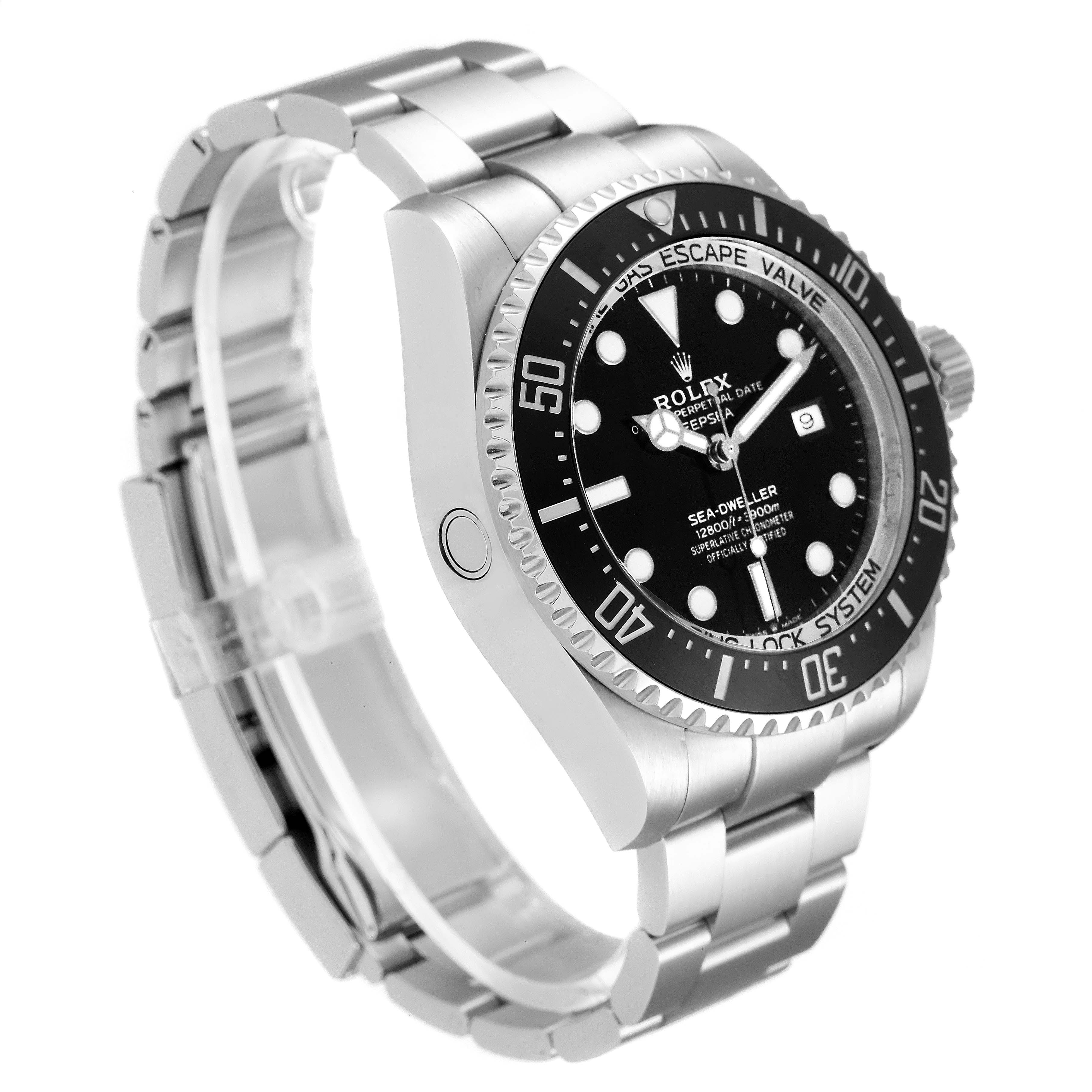 The Rolex Sea-Dweller 126660 Men
s Stainless Steel Black Dial 126660 Men
s Stainless Steel Black Dial watch is shown at an angle displaying the face, bezel, and part of the stainless steel bracelet.