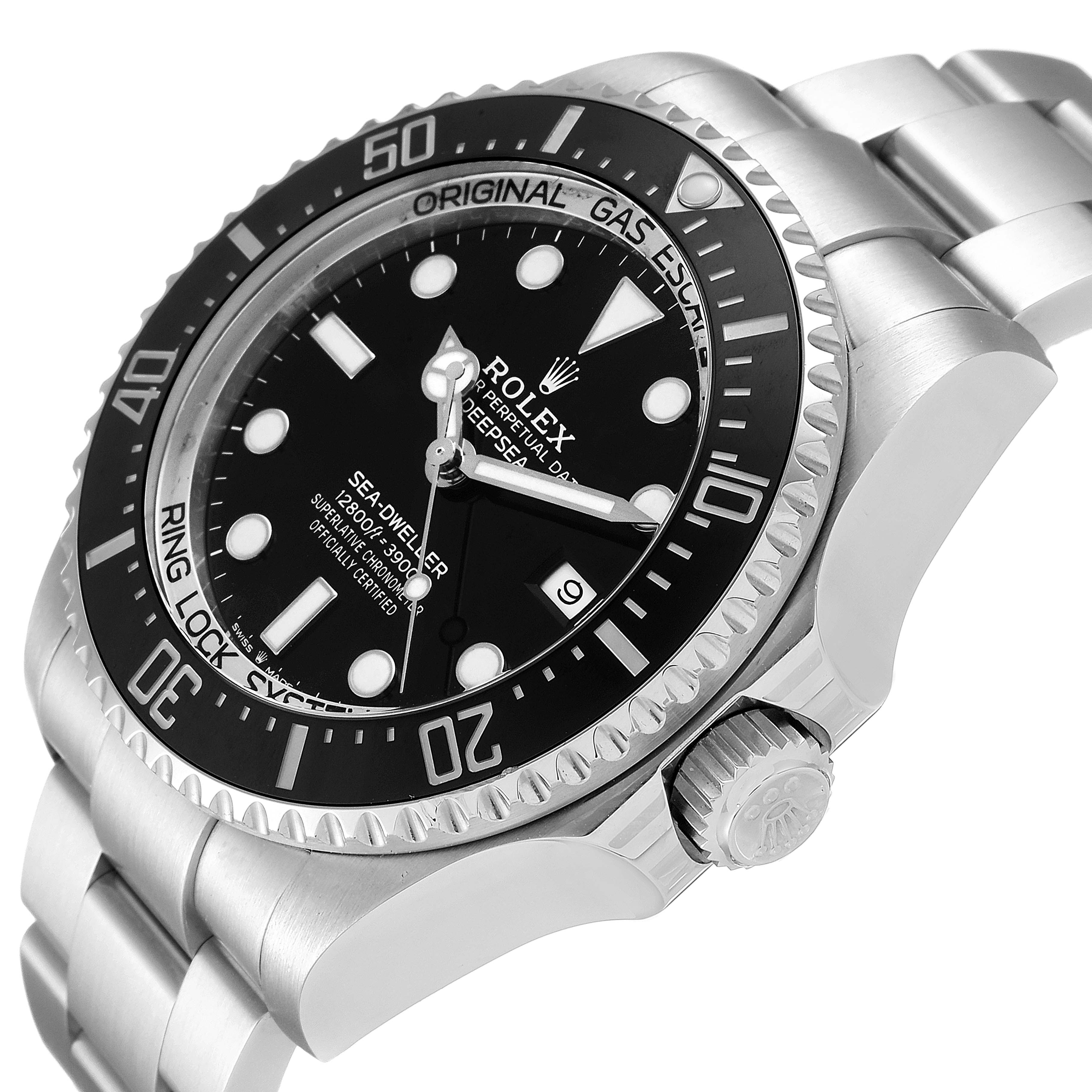 The image shows a Rolex Sea-Dweller 126660 Men
s Stainless Steel Black Dial 126660 Men
s Stainless Steel Black Dial watch at an angle highlighting the dial, bezel, crown, and part of the bracelet.