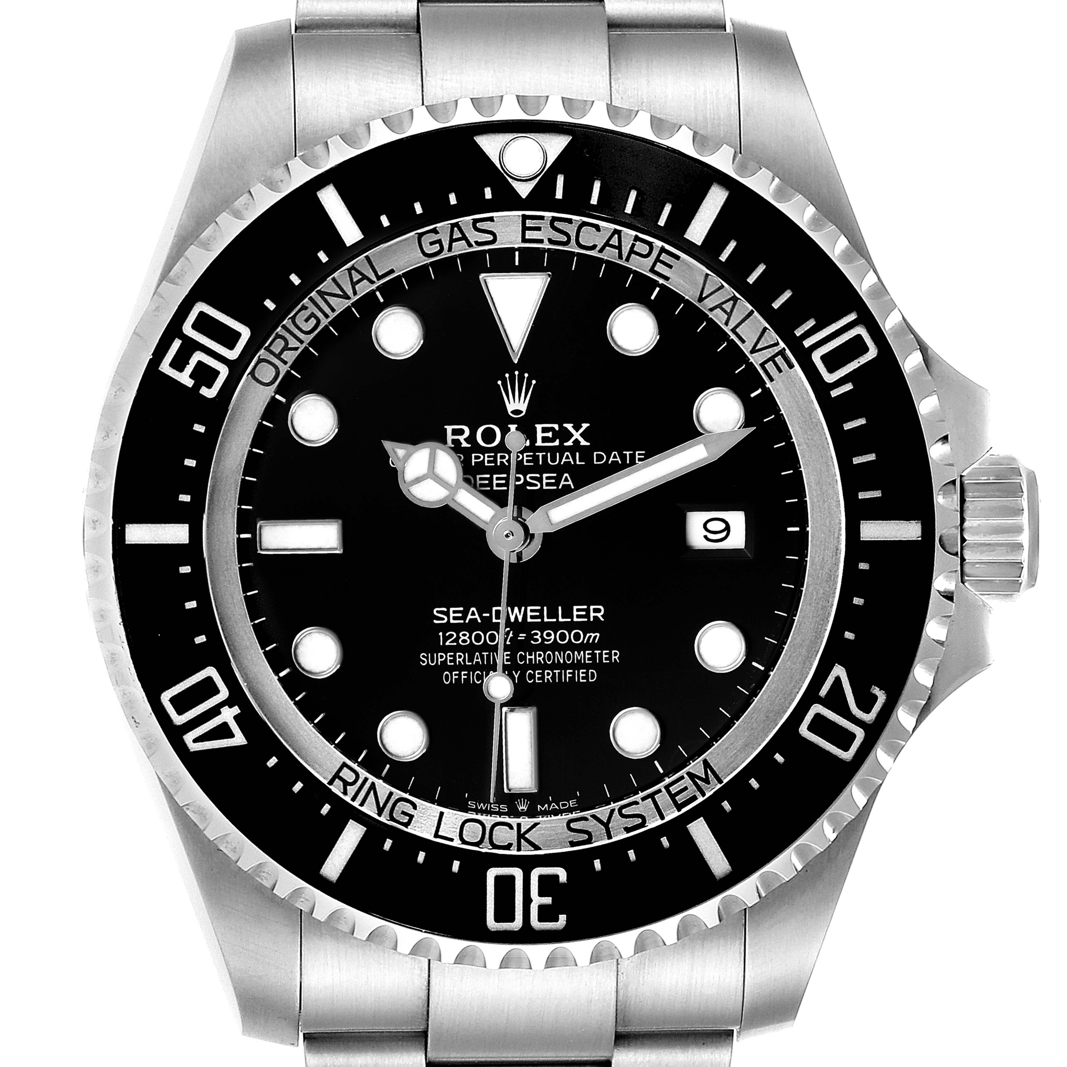 The image shows a front view of the Rolex Sea-Dweller 126660 Men
s Stainless Steel Black Dial 126660 Men
s Stainless Steel Black Dial watch, highlighting the dial, bezel, hands, and part of the bracelet.