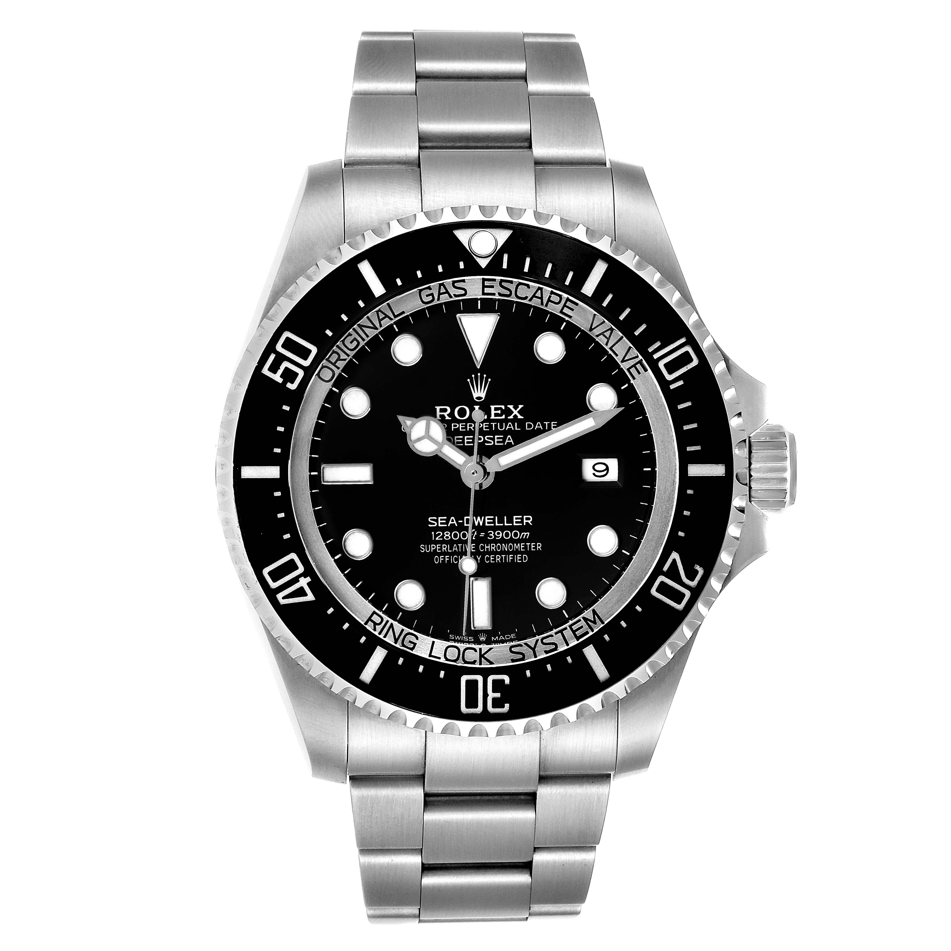 This image shows a front view of the Rolex Sea-Dweller 126660 Men
s Stainless Steel Black Dial 126660 Men
s Stainless Steel Black Dial watch, displaying the dial, bezel, and bracelet.