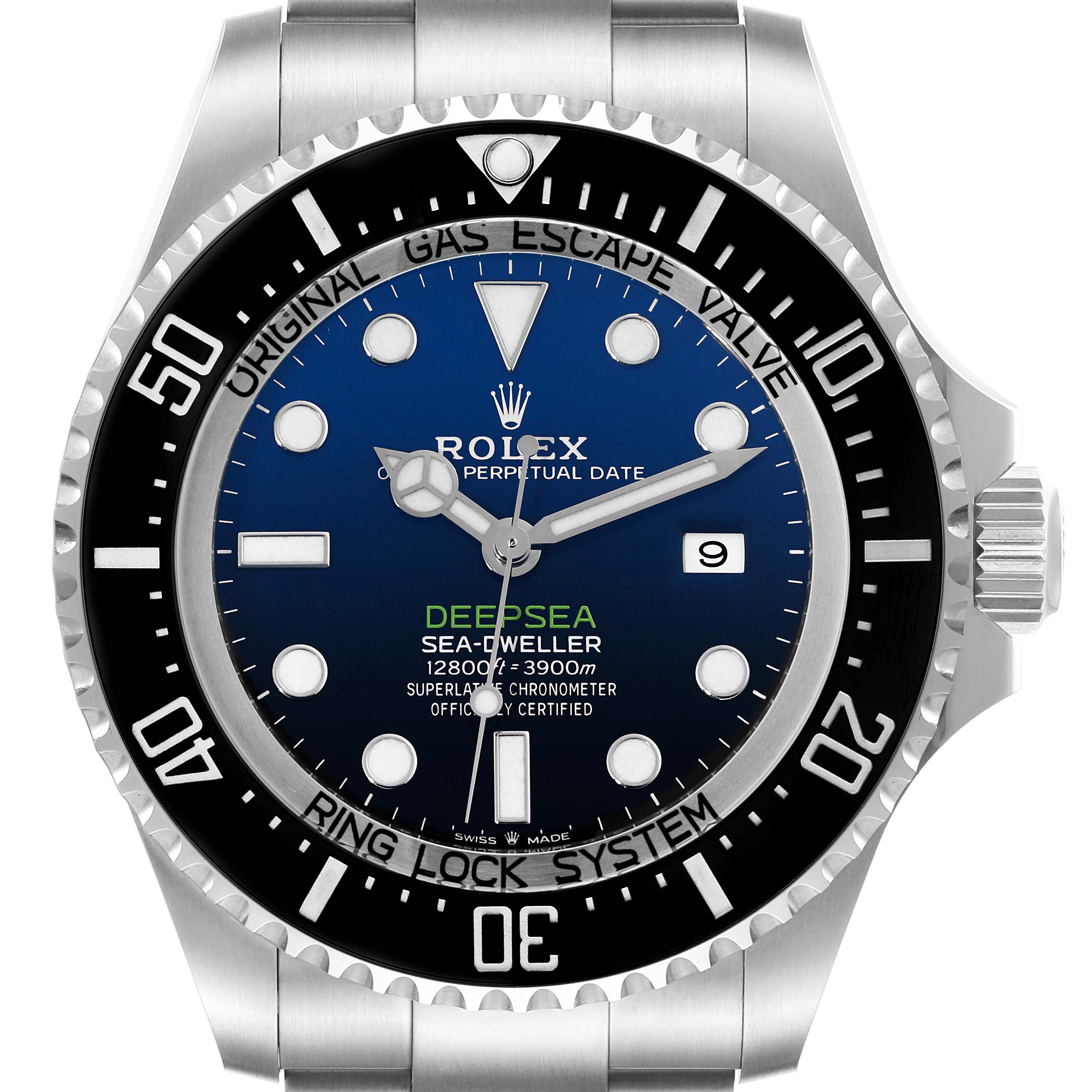 This image shows a front-facing view of the Rolex Sea-Dweller 126660 Men
s Stainless Steel Blue Dial 126660 Men
s Stainless Steel Blue Dial Deepsea watch, highlighting the dial, bezel, and crown.