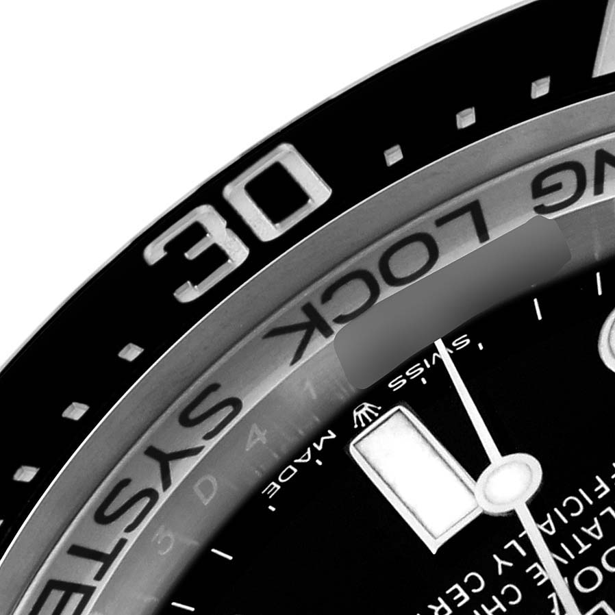 The image shows a close-up of the bezel and part of the dial of a Rolex Sea-Dweller 126660 Men
s Stainless Steel Blue Dial 126660 Men
s Stainless Steel Blue Dial watch, focusing on the "30" marker.