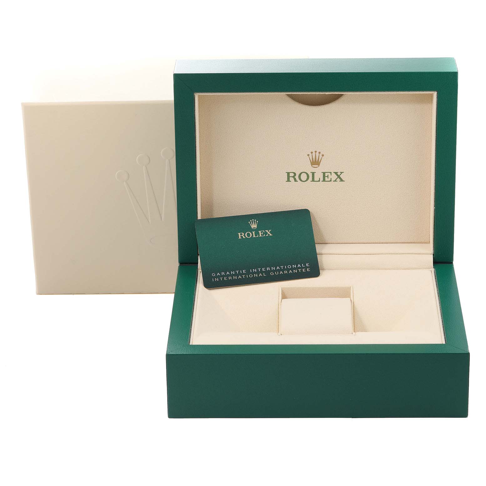 This image shows the packaging box for a Rolex Sky-Dweller 326235 Men's Rose Gold White Dial 326235 Men's Rose Gold White Dial, including the inner box, outer cover, and the international guarantee card.