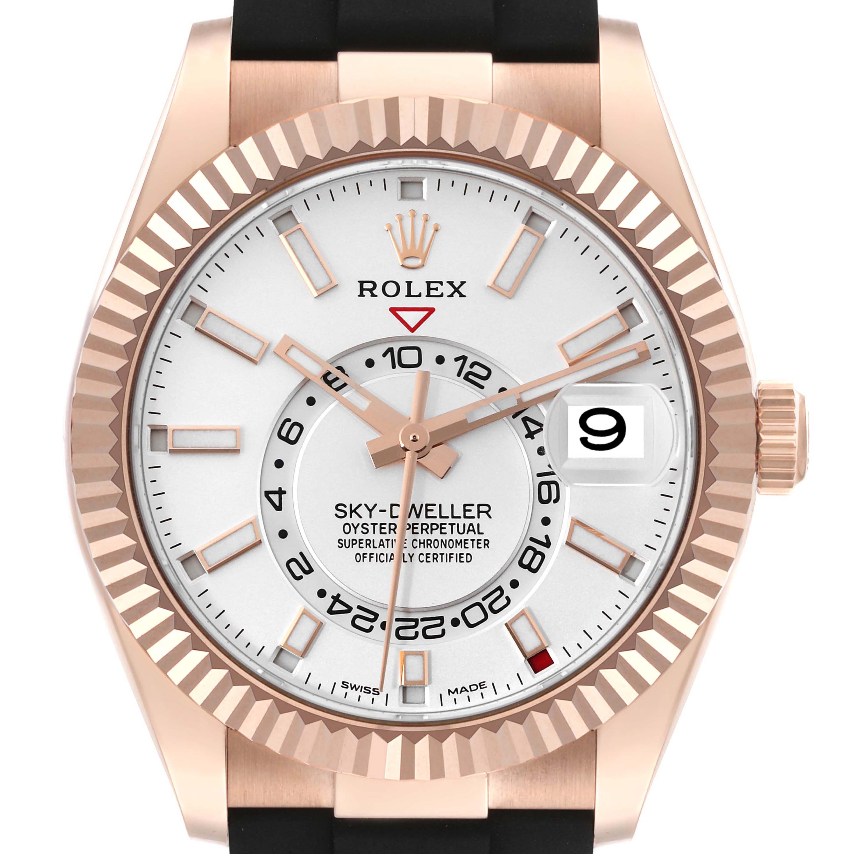 The image shows a front view of a Rolex Sky-Dweller 326235 Men's Rose Gold White Dial 326235 Men's Rose Gold White Dial watch, highlighting its dial, bezel, and crown.