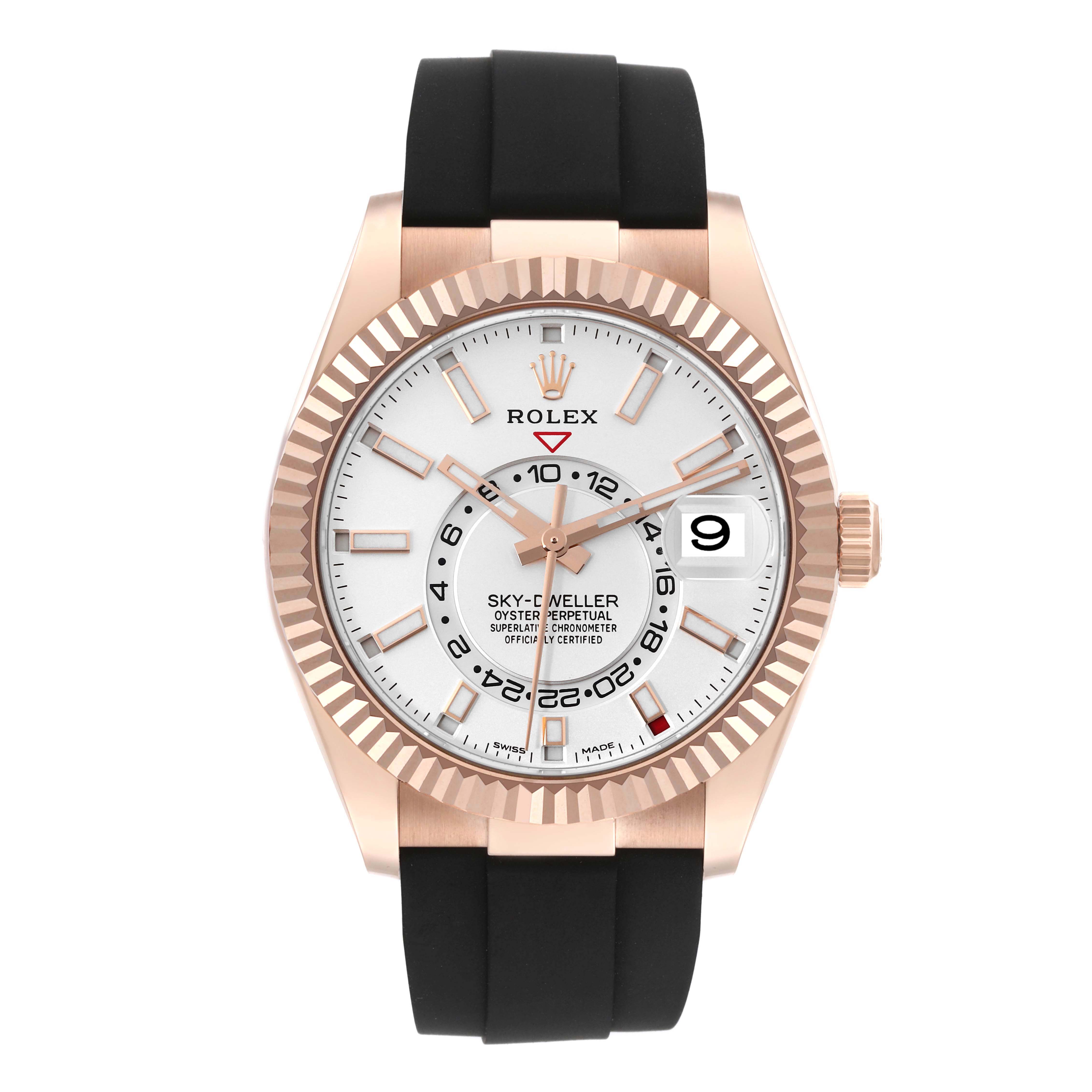 The image shows a front view of a Rolex Sky-Dweller 326235 Men's Rose Gold White Dial 326235 Men's Rose Gold White Dial watch with a rose gold case and black band.