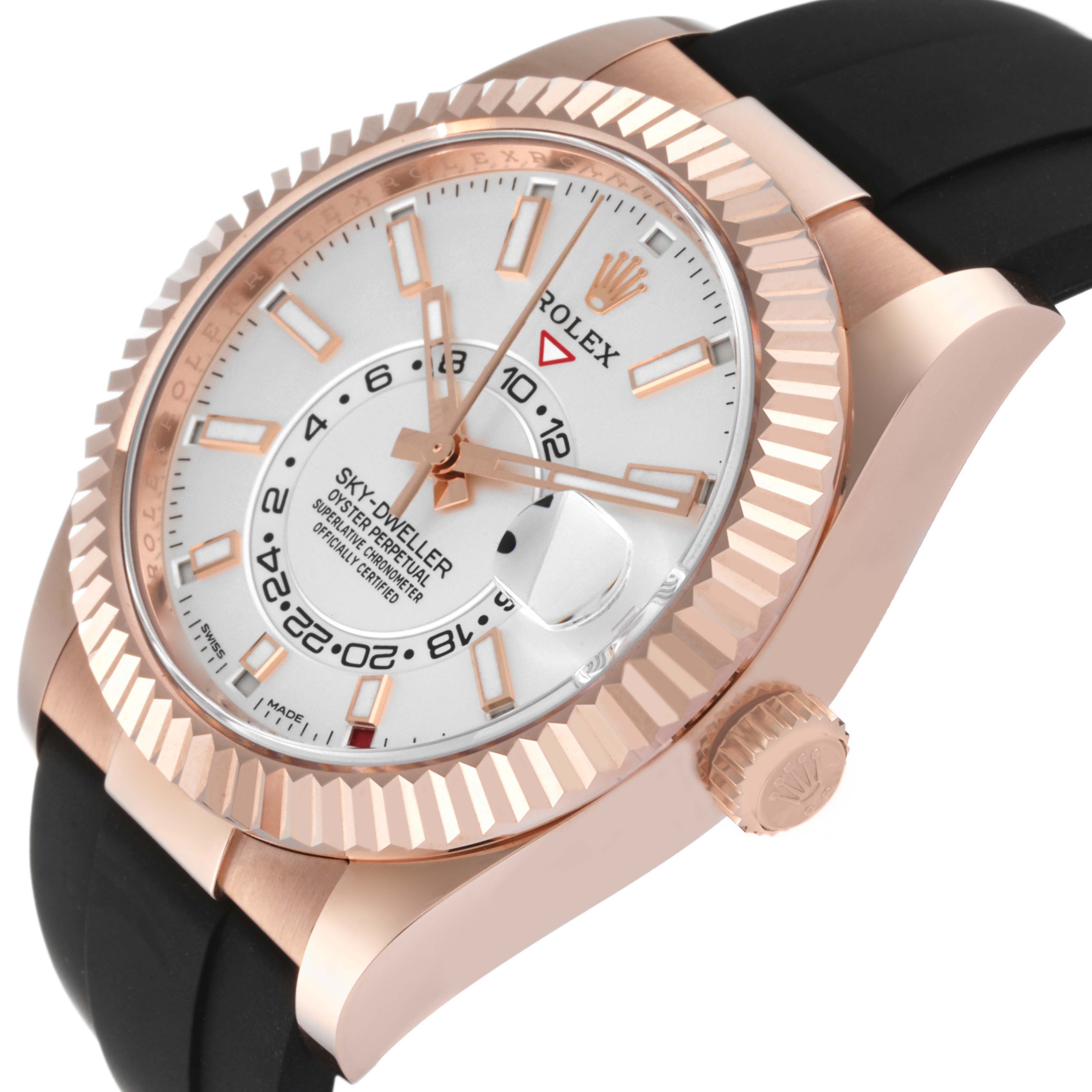 The image shows a side view of the Rolex Sky-Dweller 326235 Men's Rose Gold White Dial 326235 Men's Rose Gold White Dial, highlighting the face, bezel, and crown.