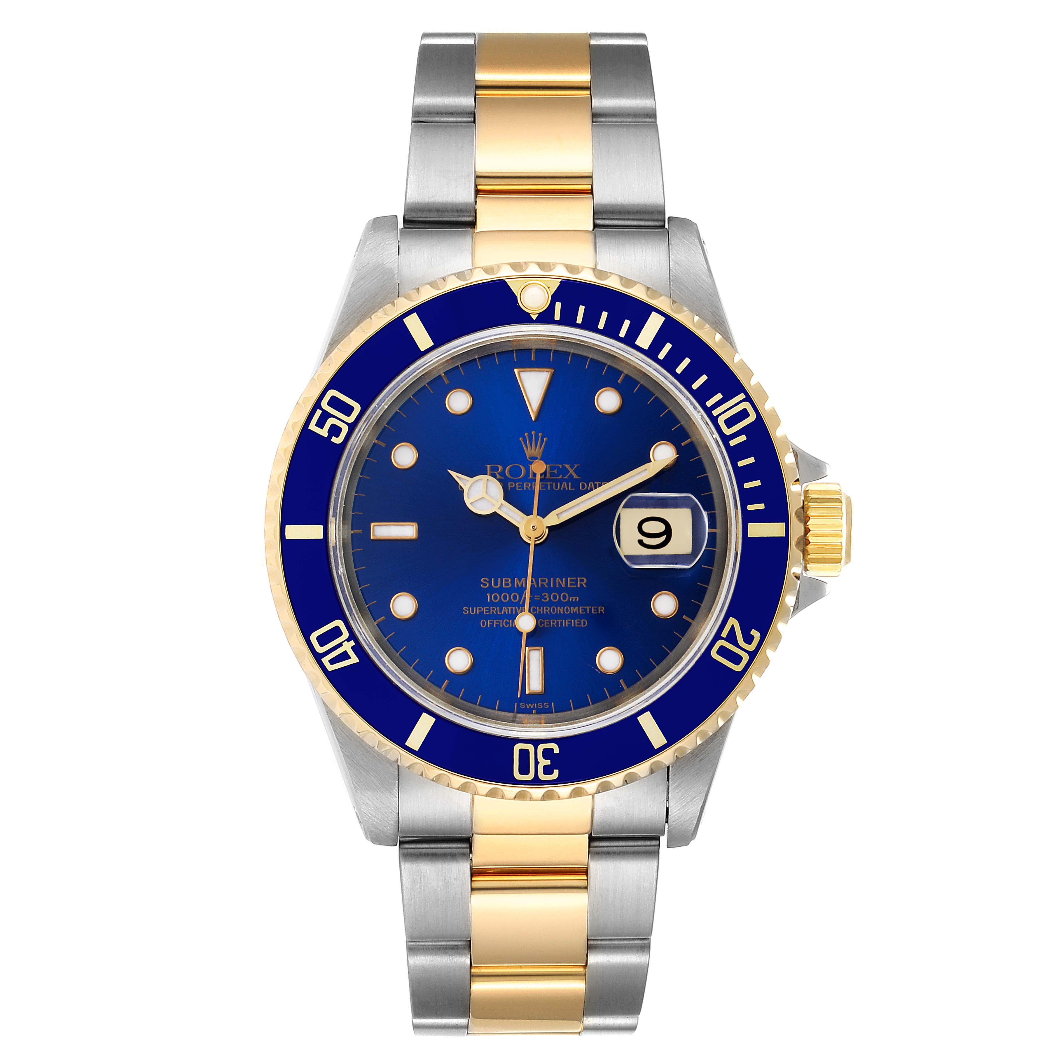 The image shows a Rolex Submariner 16613 Men's Steel and Gold (two tone) Blue Dial 16613 Men's Steel and Gold (two tone) Blue Dial watch from a front angle, highlighting its blue dial, bezel, and two-tone bracelet.