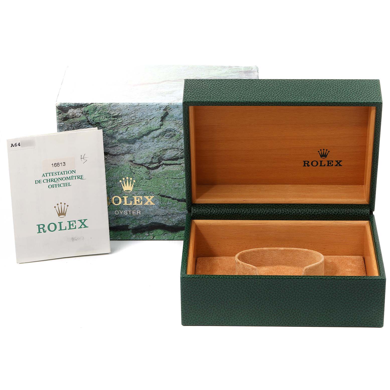 The image shows an open Rolex Submariner 16613 Men's Steel and Gold (two tone) Blue Dial 16613 Men's Steel and Gold (two tone) Blue Dial watch box, outer box, and documentation.