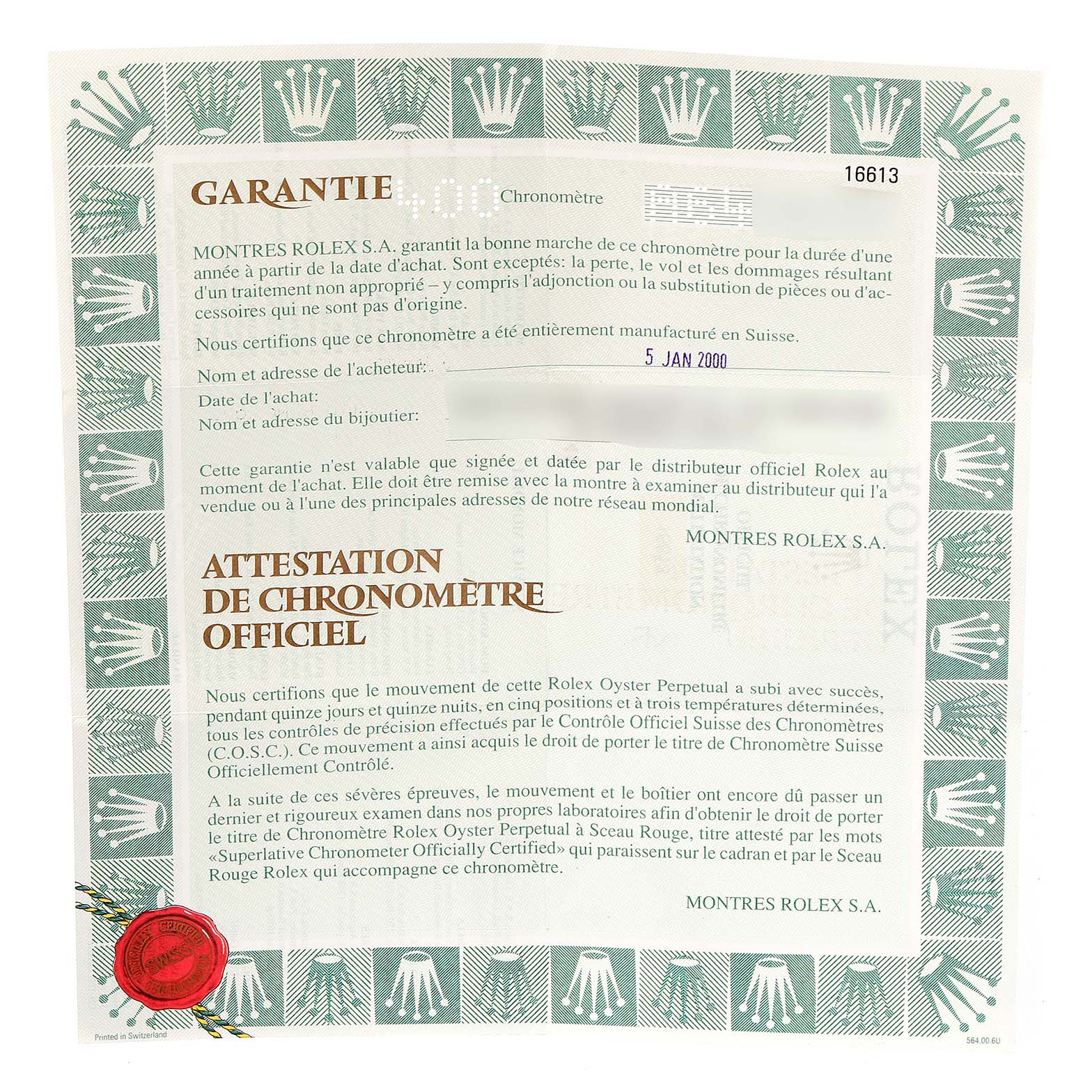 This image shows a warranty and official chronometer certification document for the Rolex Submariner 16613 Men's Steel and Gold (two tone) Blue Dial 16613 Men's Steel and Gold (two tone) Blue Dial model.