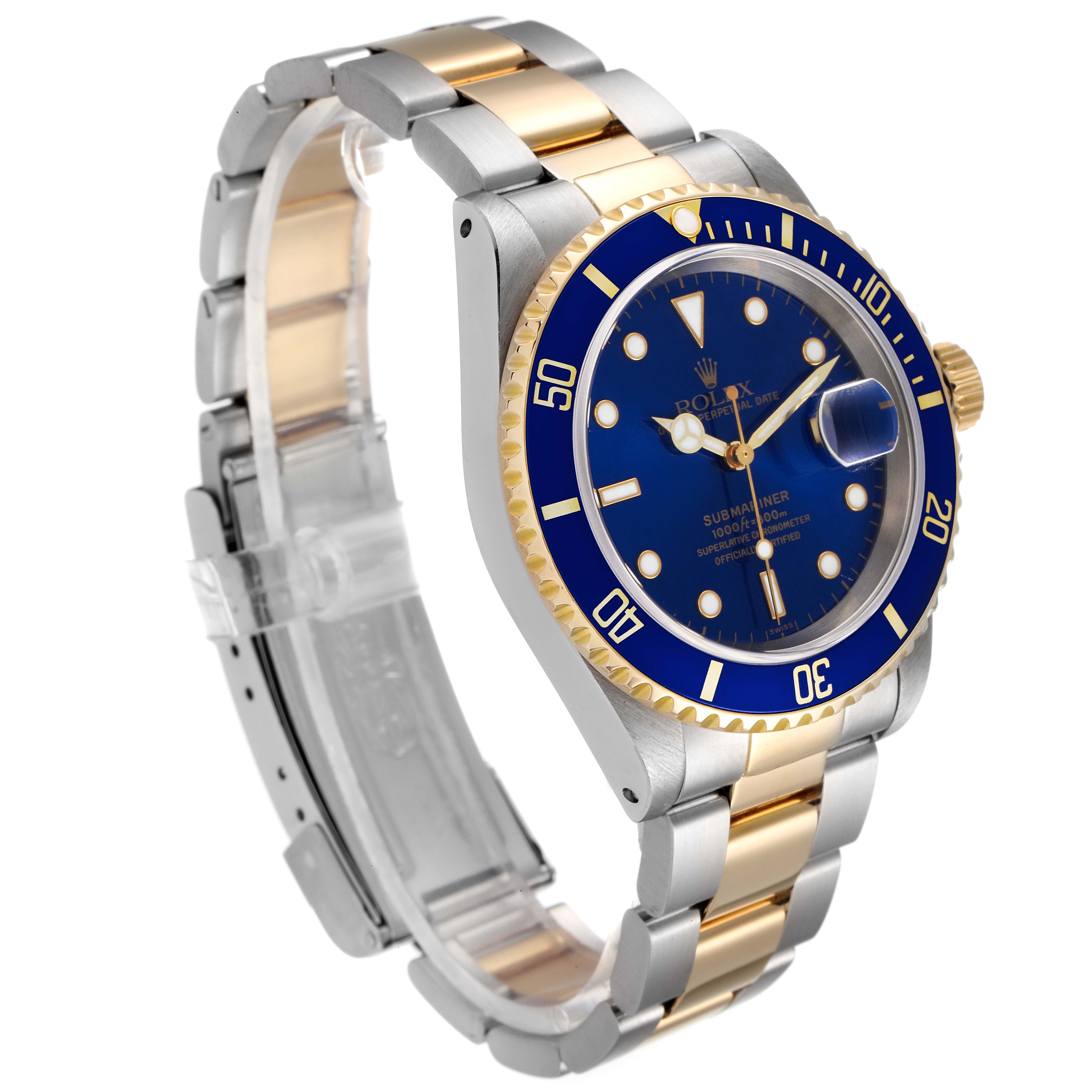 The image shows a three-quarter angled view of a Rolex Submariner 16613 Men's Steel and Gold (two tone) Blue Dial 16613 Men's Steel and Gold (two tone) Blue Dial watch, displaying its face, bezel, and part of the bracelet.