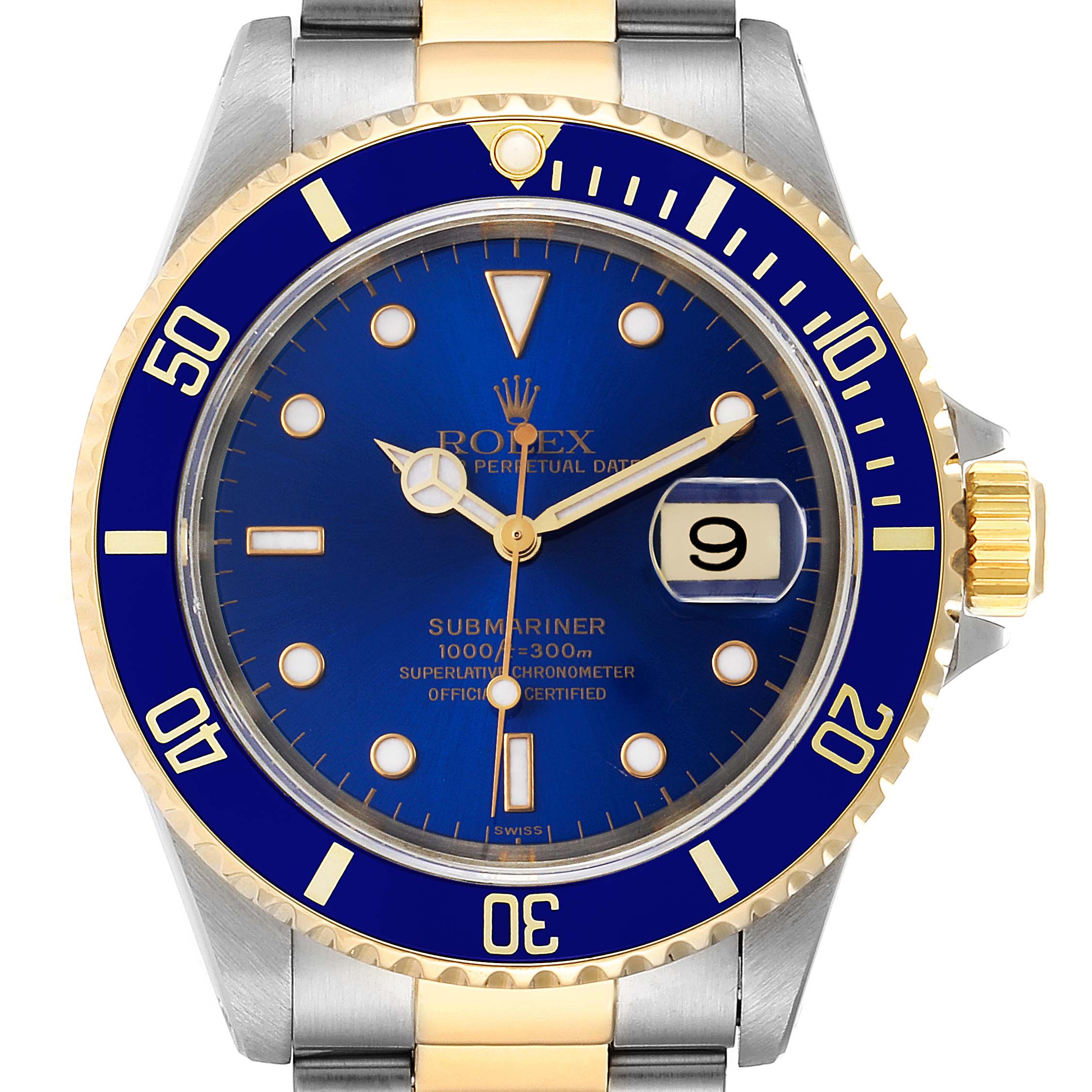 The Rolex Submariner 16613 Men's Steel and Gold (two tone) Blue Dial 16613 Men's Steel and Gold (two tone) Blue Dial watch is shown from a front angle, highlighting its blue dial, gold bezel, and date display.