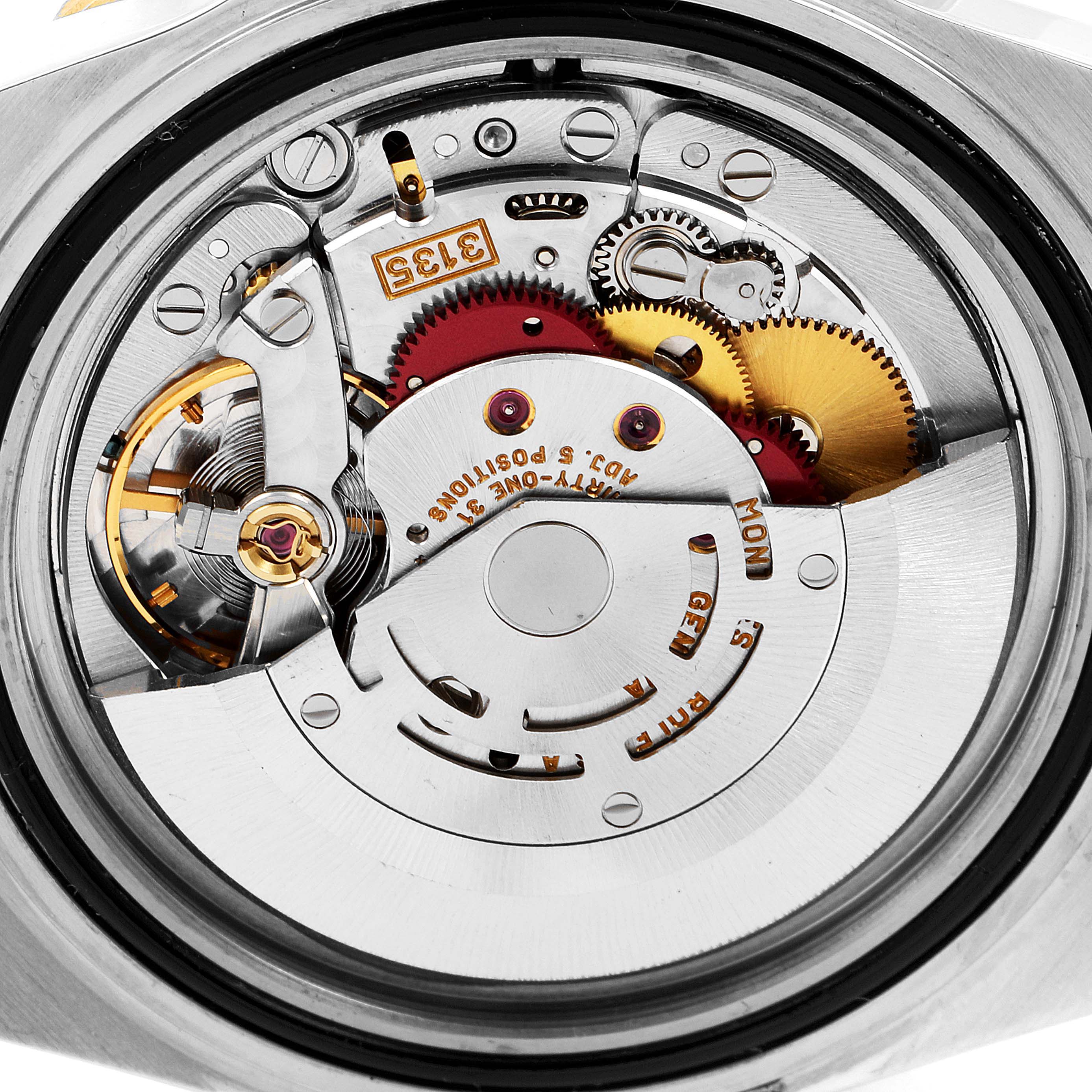 This image shows the internal mechanism of a Rolex Submariner 16613 Men's Steel and Gold (two tone) Blue Dial 16613 Men's Steel and Gold (two tone) Blue Dial watch from a top view.