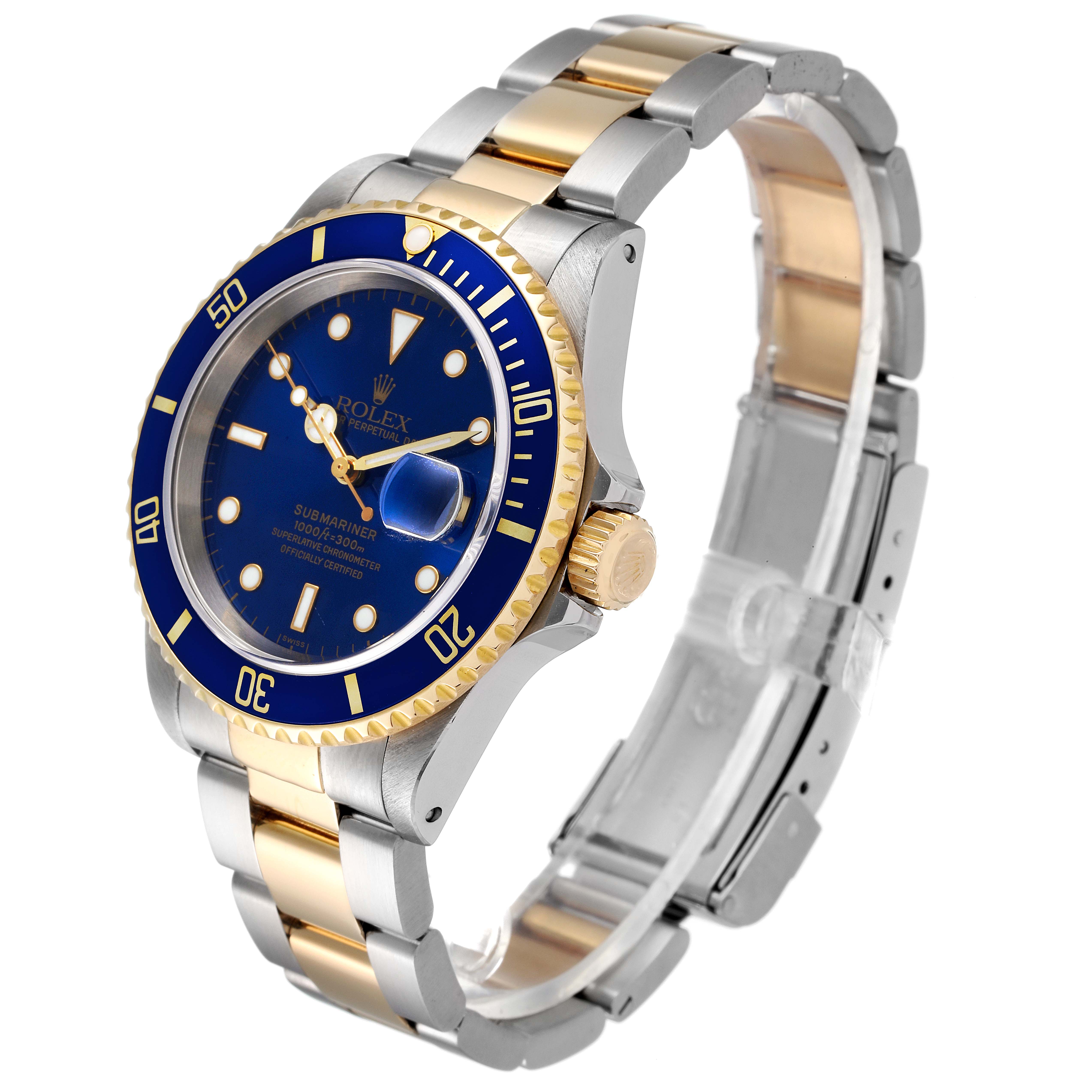 The Rolex Submariner 16613 Men's Steel and Gold (two tone) Blue Dial 16613 Men's Steel and Gold (two tone) Blue Dial watch is shown at an angle displaying the face, bezel, crown, and the two-tone metal bracelet.