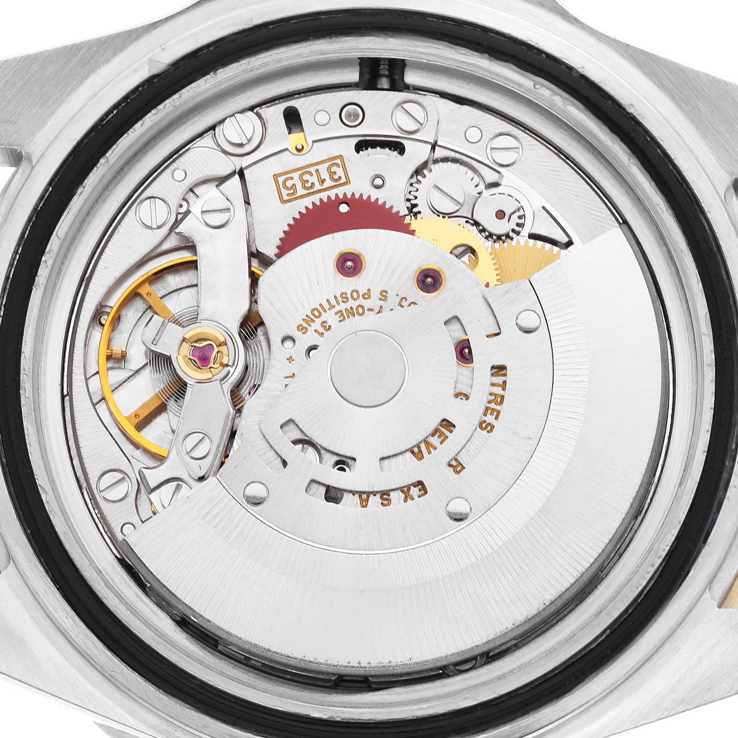 This image shows the intricate inner mechanism of a Rolex Submariner 16613 Men's Steel and Gold (two tone) Blue Dial 16613 Men's Steel and Gold (two tone) Blue Dial watch, viewed from the back case.