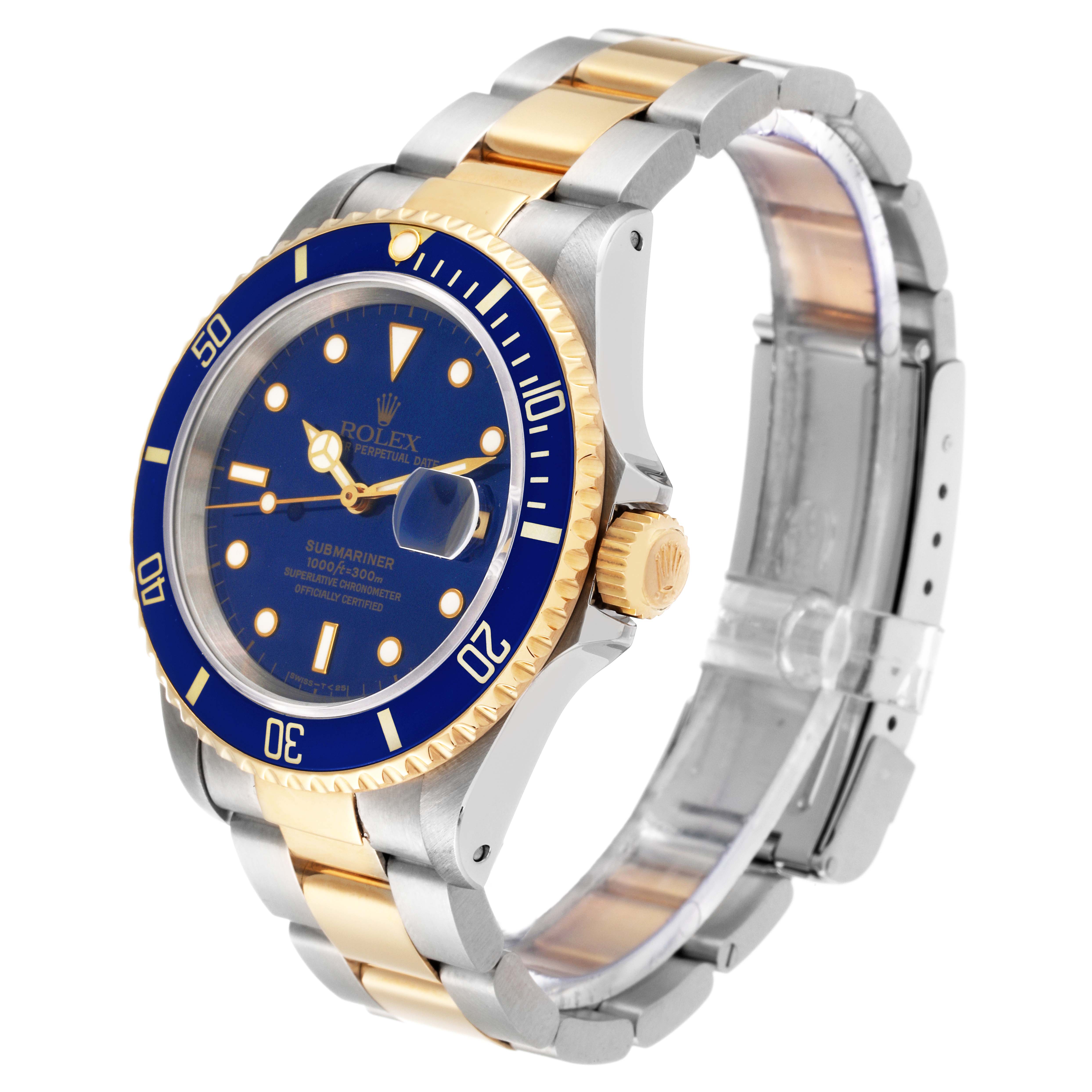 The image shows a Rolex Submariner 16613 Men's Steel and Gold (two tone) Blue Dial 16613 Men's Steel and Gold (two tone) Blue Dial watch angled to display its face, bezel, and two-tone bracelet.