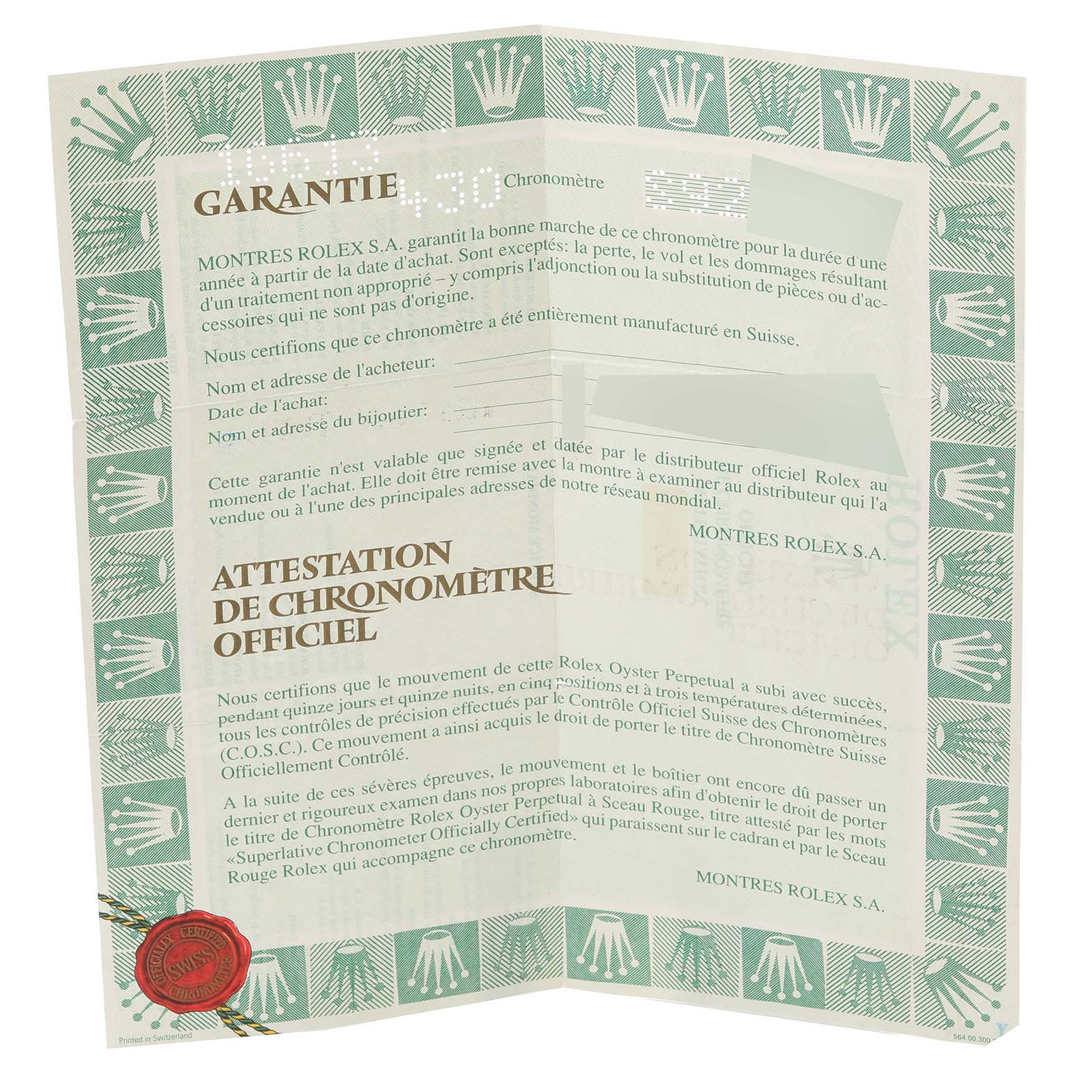 The image shows the warranty and official chronometer certification documents for a Rolex Submariner 16613 Men's Steel and Gold (two tone) Blue Dial 16613 Men's Steel and Gold (two tone) Blue Dial model.