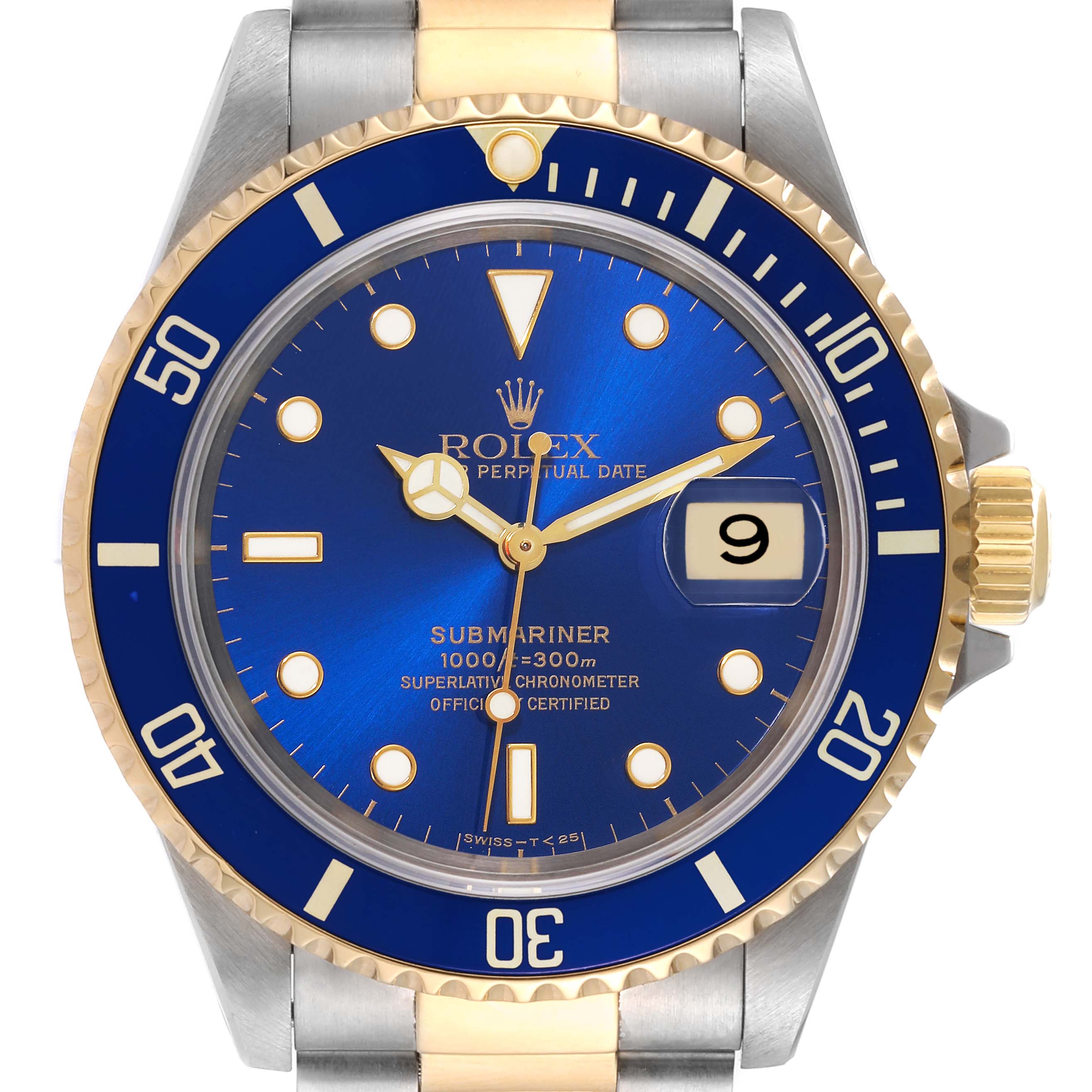 The image shows the face and bezel of a Rolex Submariner 16613 Men's Steel and Gold (two tone) Blue Dial 16613 Men's Steel and Gold (two tone) Blue Dial watch, featuring a blue dial, gold accents, and a date window at the 3 o'clock position.