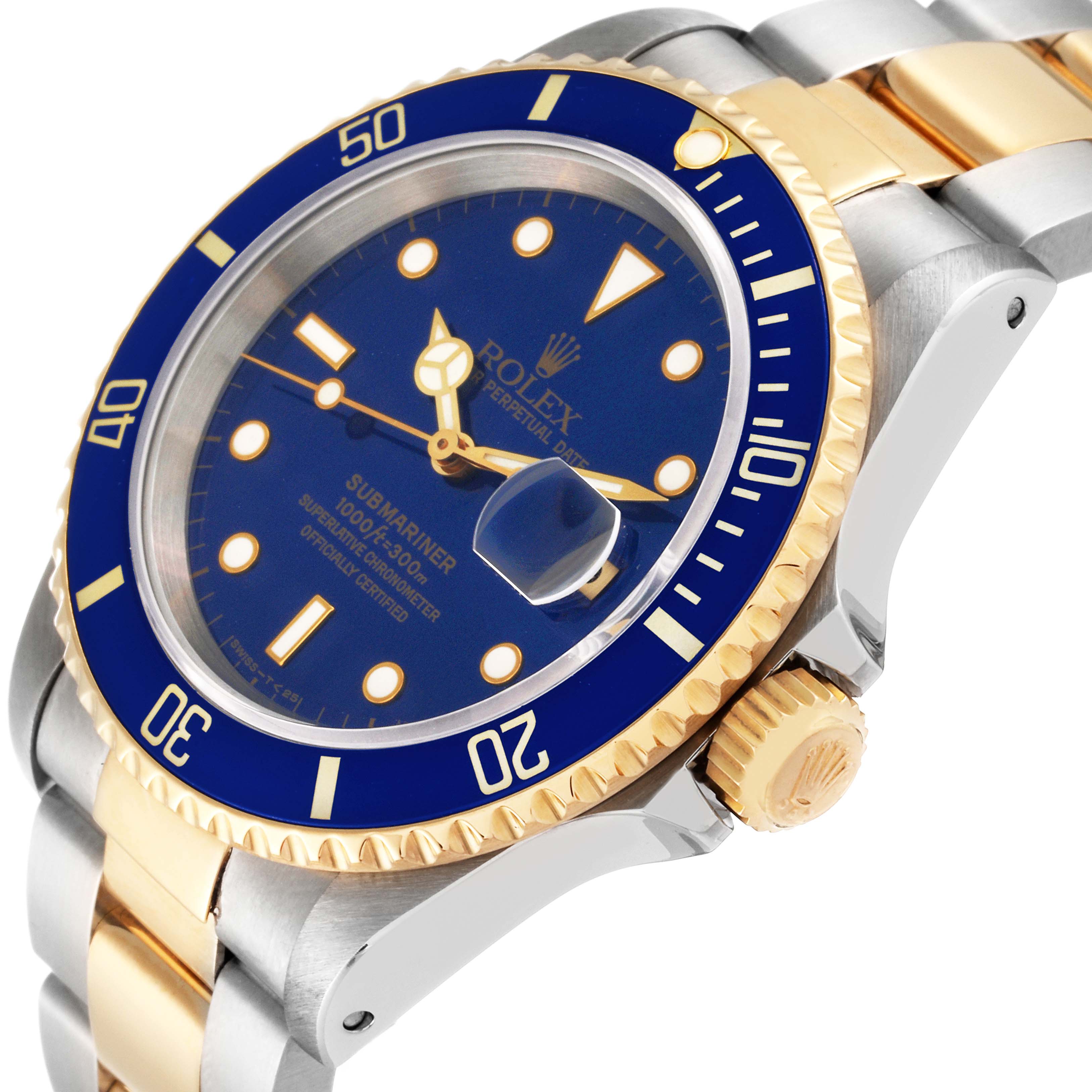 This image shows a side angle of the Rolex Submariner 16613 Men's Steel and Gold (two tone) Blue Dial 16613 Men's Steel and Gold (two tone) Blue Dial watch, highlighting the bezel, dial, crown, and partial bracelet.