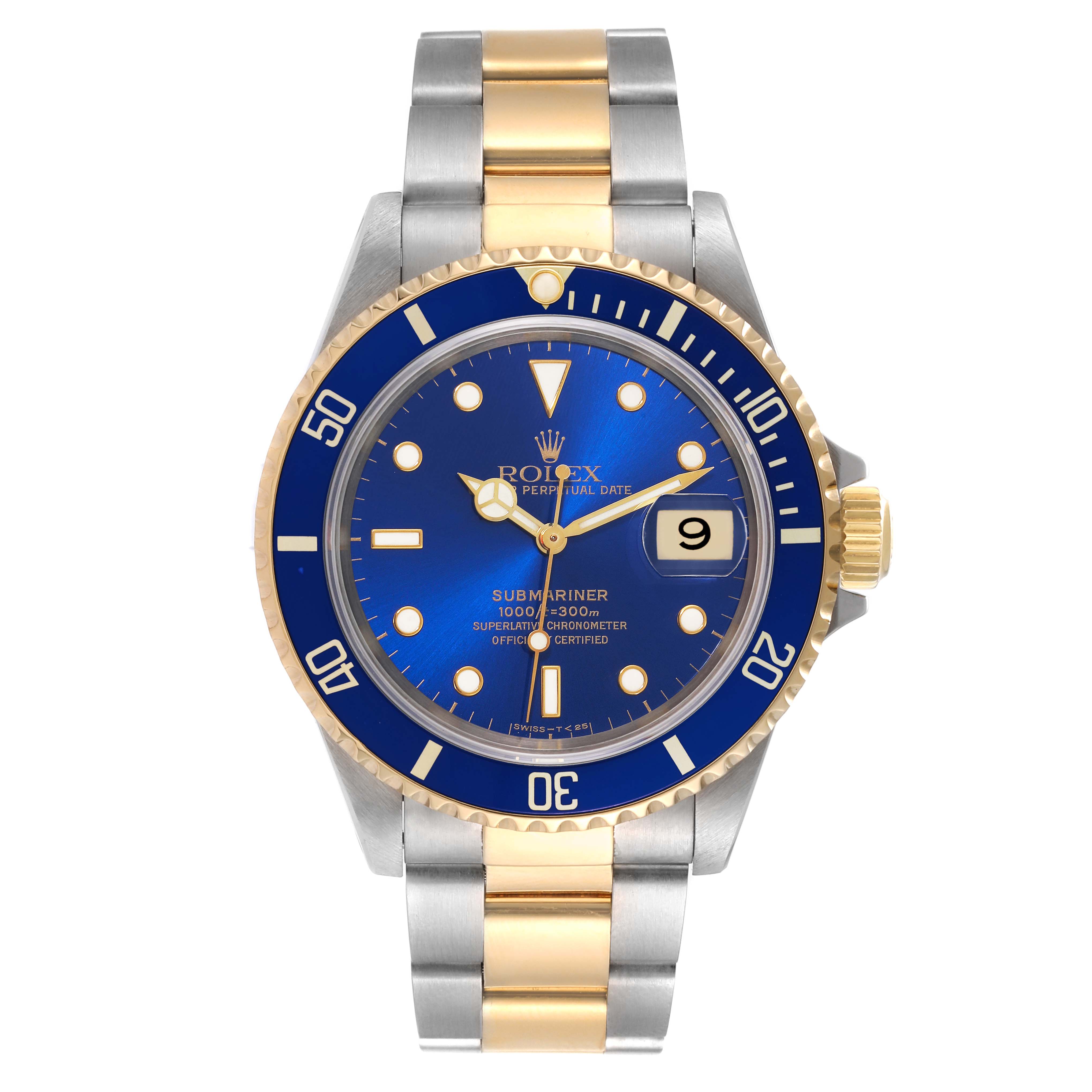 The image shows a front view of a Rolex Submariner 16613 Men's Steel and Gold (two tone) Blue Dial 16613 Men's Steel and Gold (two tone) Blue Dial watch, highlighting its blue dial, bezel, and bi-tone bracelet.