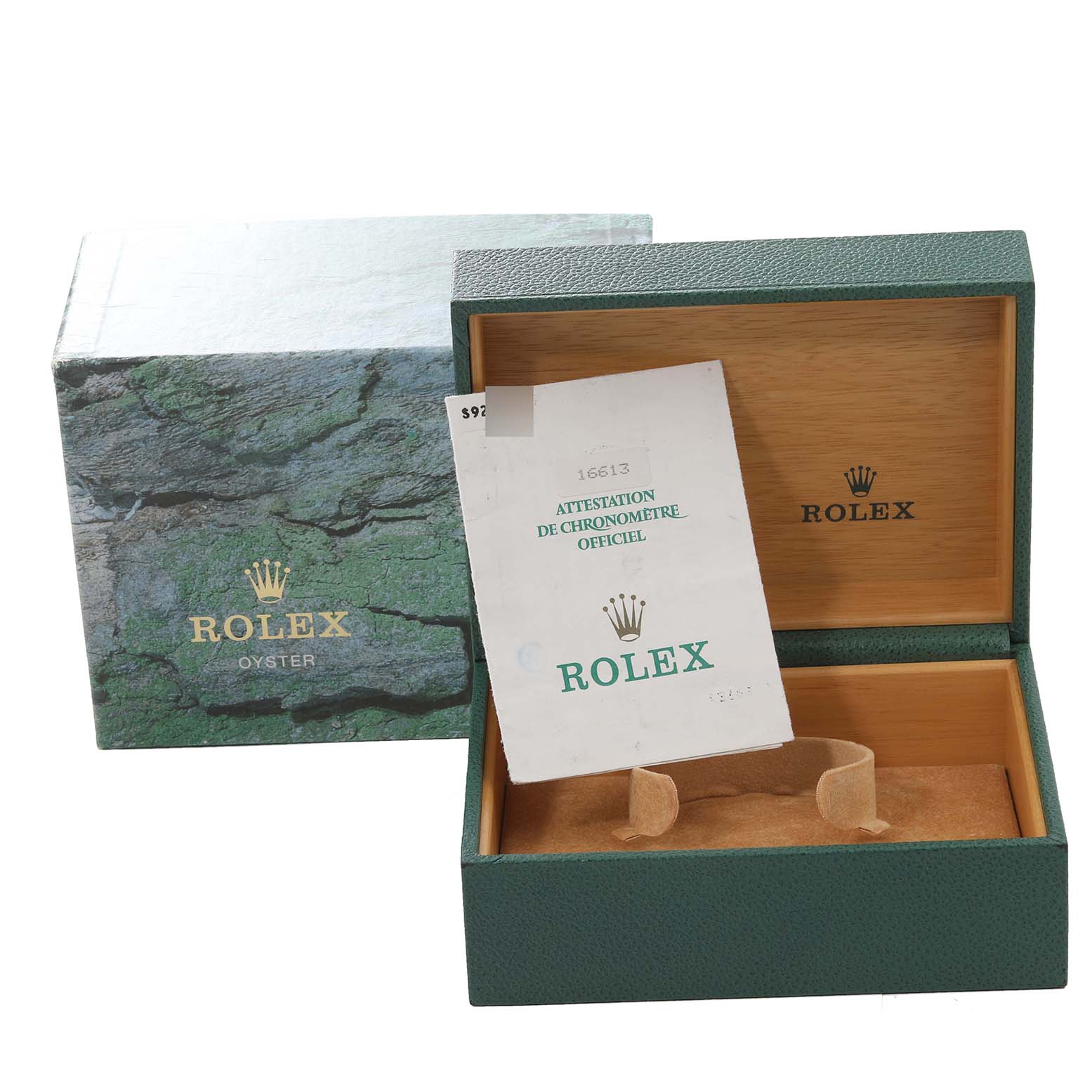 The image shows a Rolex Submariner 16613 Men's Steel and Gold (two tone) Blue Dial 16613 Men's Steel and Gold (two tone) Blue Dial watch box with its outer box, an official chronometer certificate, and an empty display cushion.