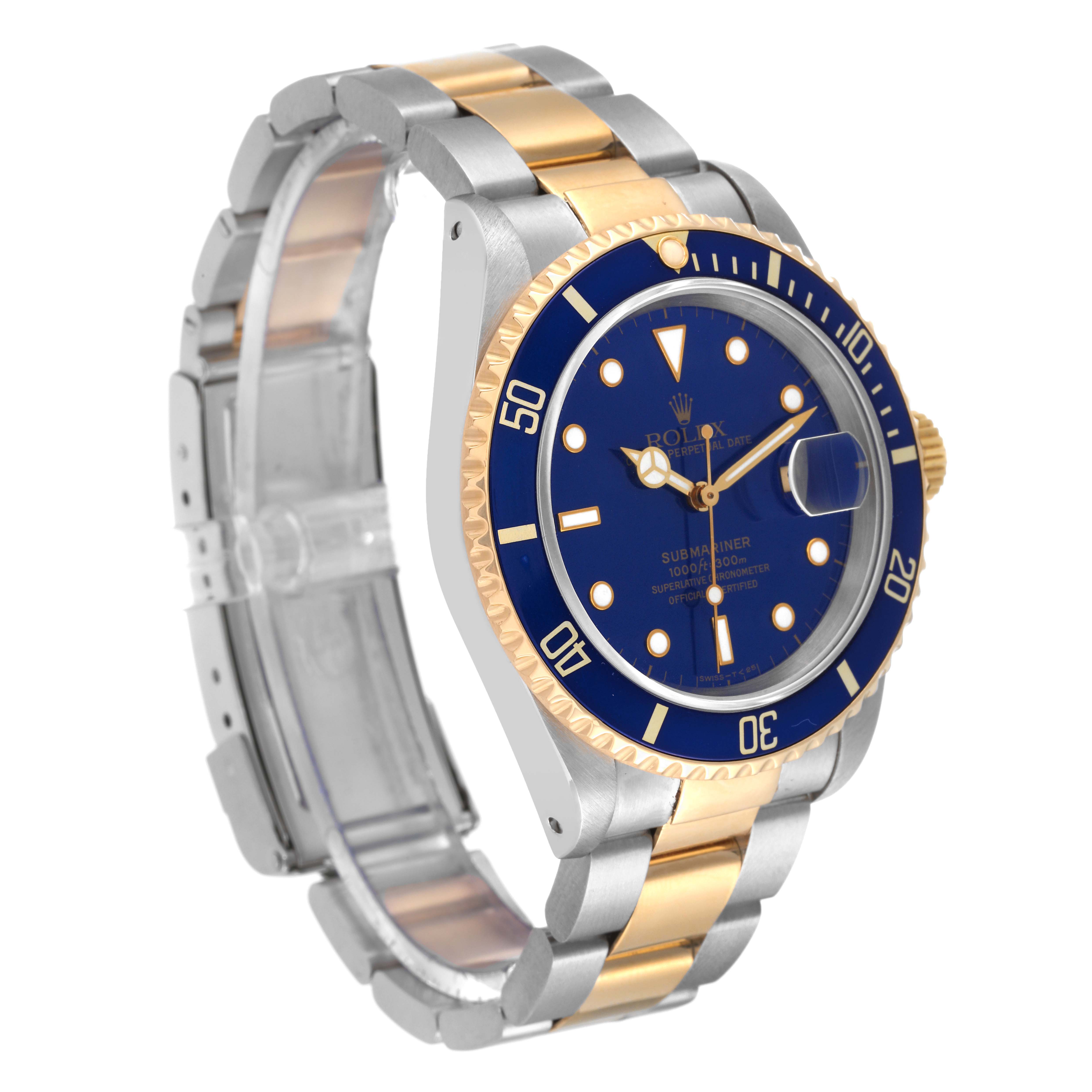 This image features a side view of a Rolex Submariner 16613 Men's Steel and Gold (two tone) Blue Dial 16613 Men's Steel and Gold (two tone) Blue Dial watch, highlighting the bezel, case, dial, and bracelet.