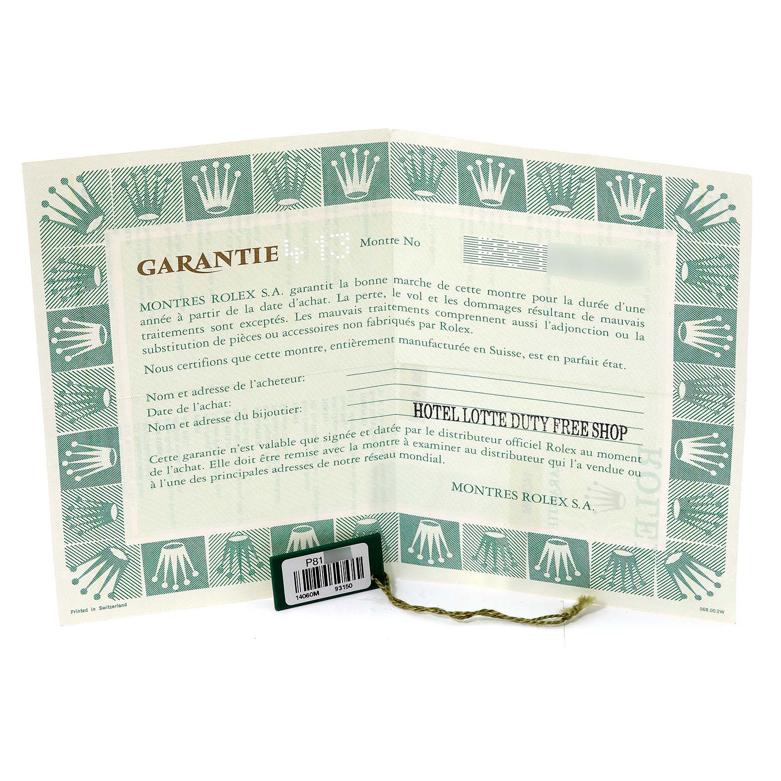 The image shows a warranty certificate booklet for a Rolex Submariner 14060 Men
s Stainless Steel Black Dial 14060 Men
s Stainless Steel Black Dial watch, including the Rolex logo and dealer information.