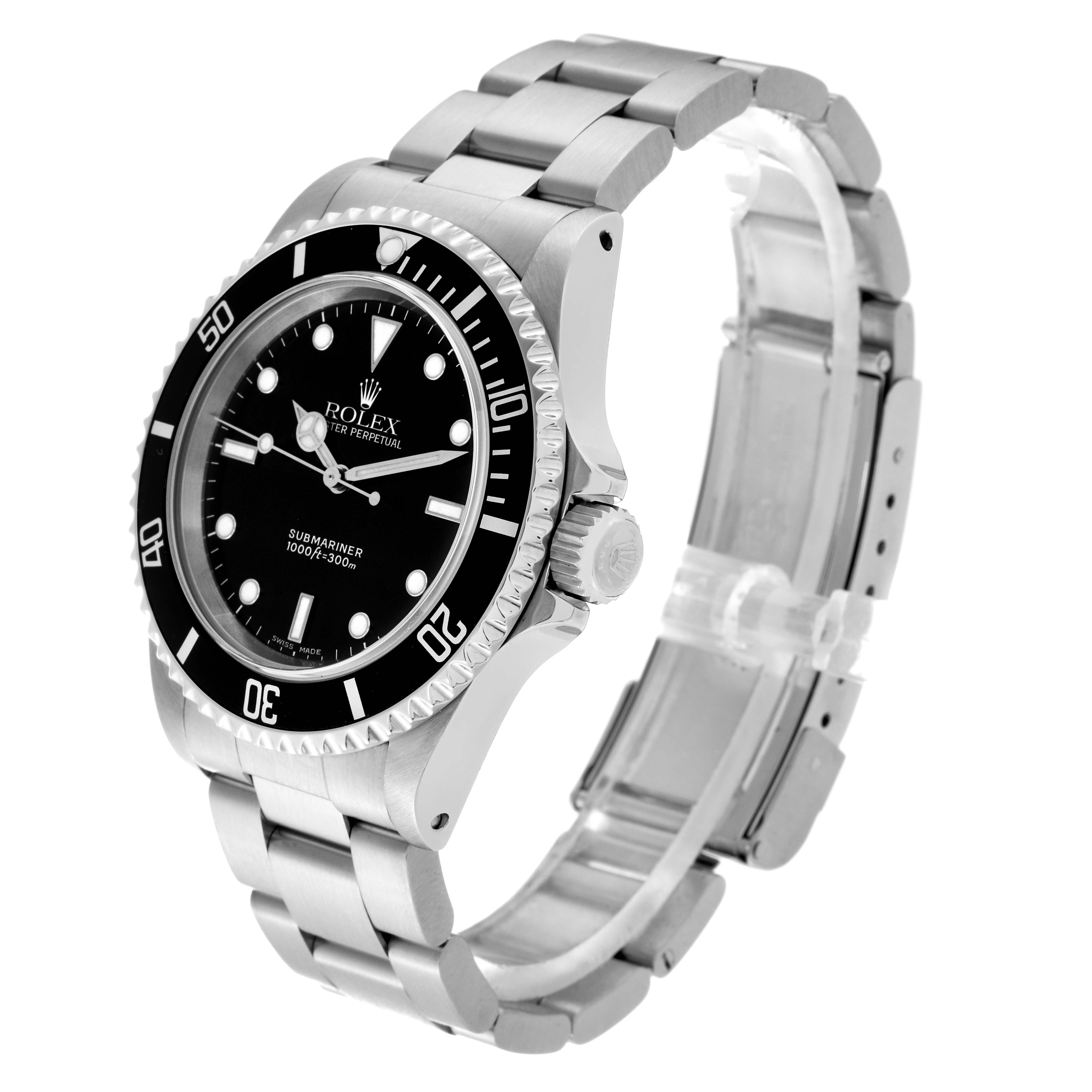 The image displays a left-side angle of a Rolex Submariner 14060 Men
s Stainless Steel Black Dial 14060 Men
s Stainless Steel Black Dial watch, showing its bezel, dial, crown, and stainless steel bracelet.