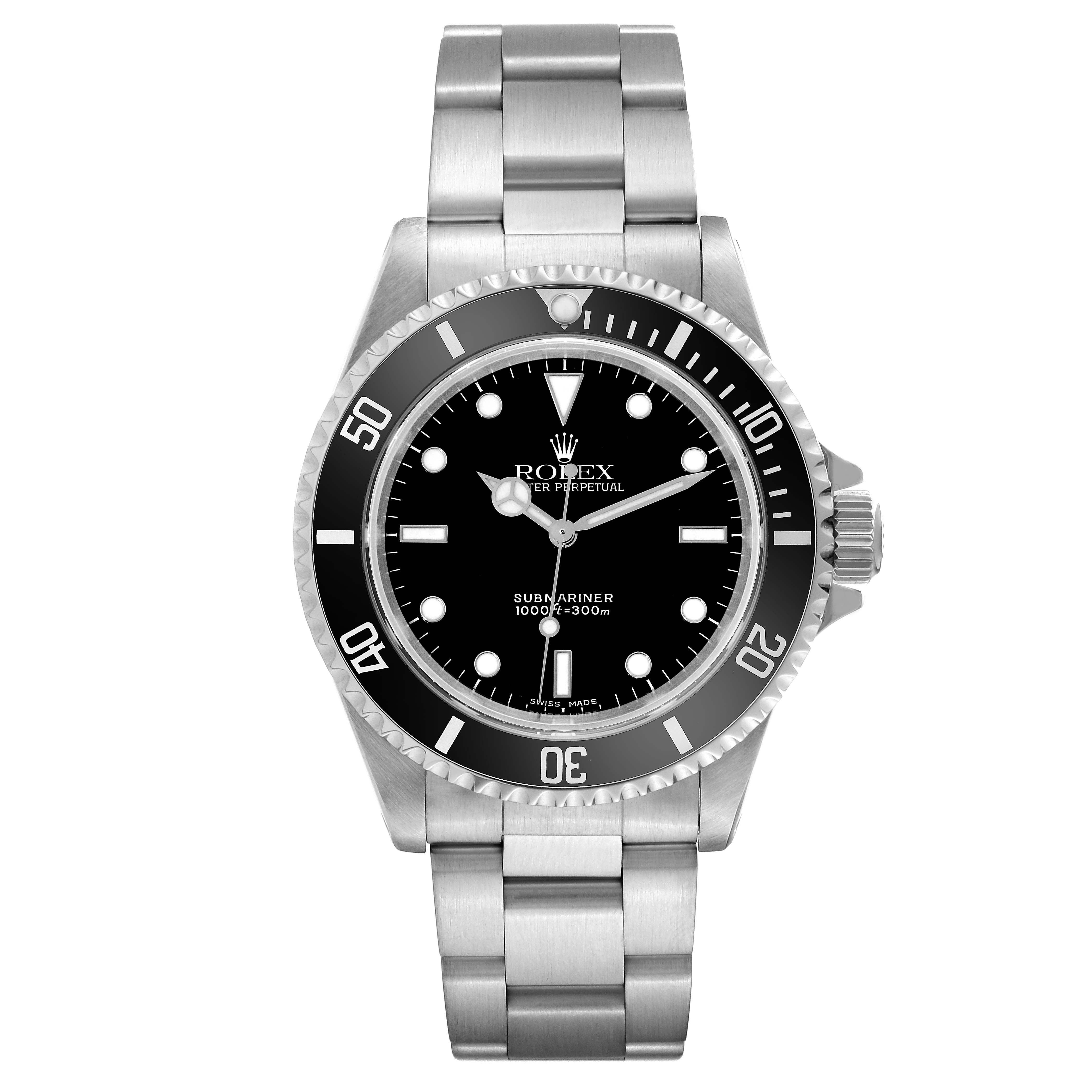 This image shows a front view of the Rolex Submariner 14060 Men
s Stainless Steel Black Dial 14060 Men
s Stainless Steel Black Dial watch, displaying the dial, bezel, and stainless steel bracelet.