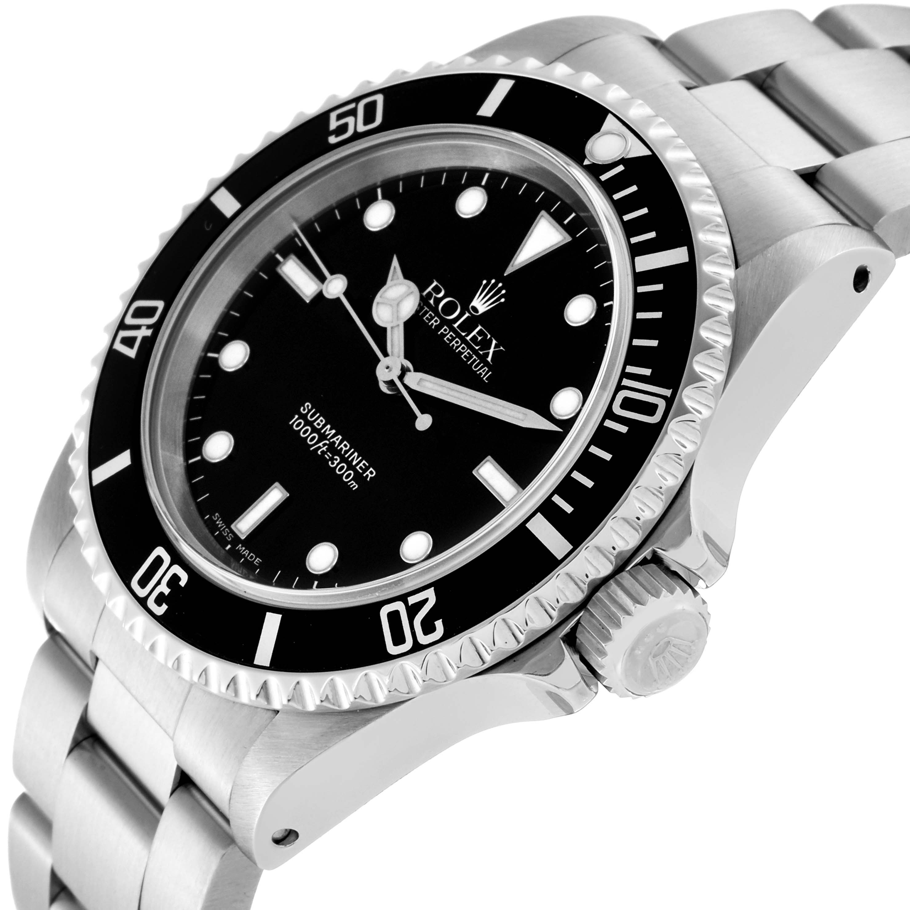 The image shows a Rolex Submariner 14060 Men
s Stainless Steel Black Dial 14060 Men
s Stainless Steel Black Dial watch from a slight angle highlighting the bezel, dial, crown, and part of the bracelet.